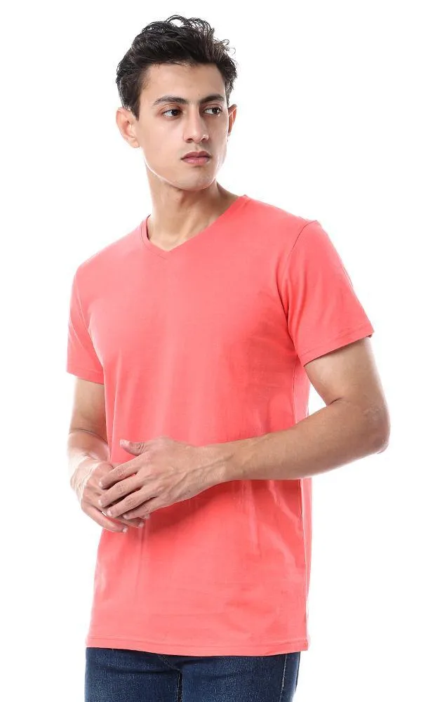 57986 Basic V-Neck Solid T-Shirt - Coral Red