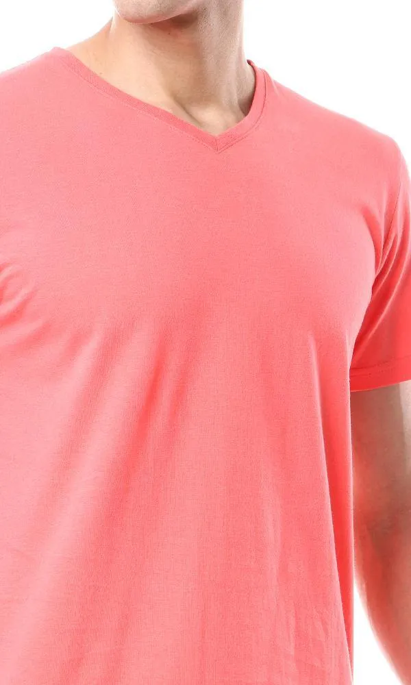 57986 Basic V-Neck Solid T-Shirt - Coral Red