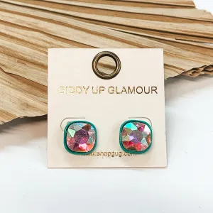 AB Cushion Cut Crystal Stud Earrings in Turquoise