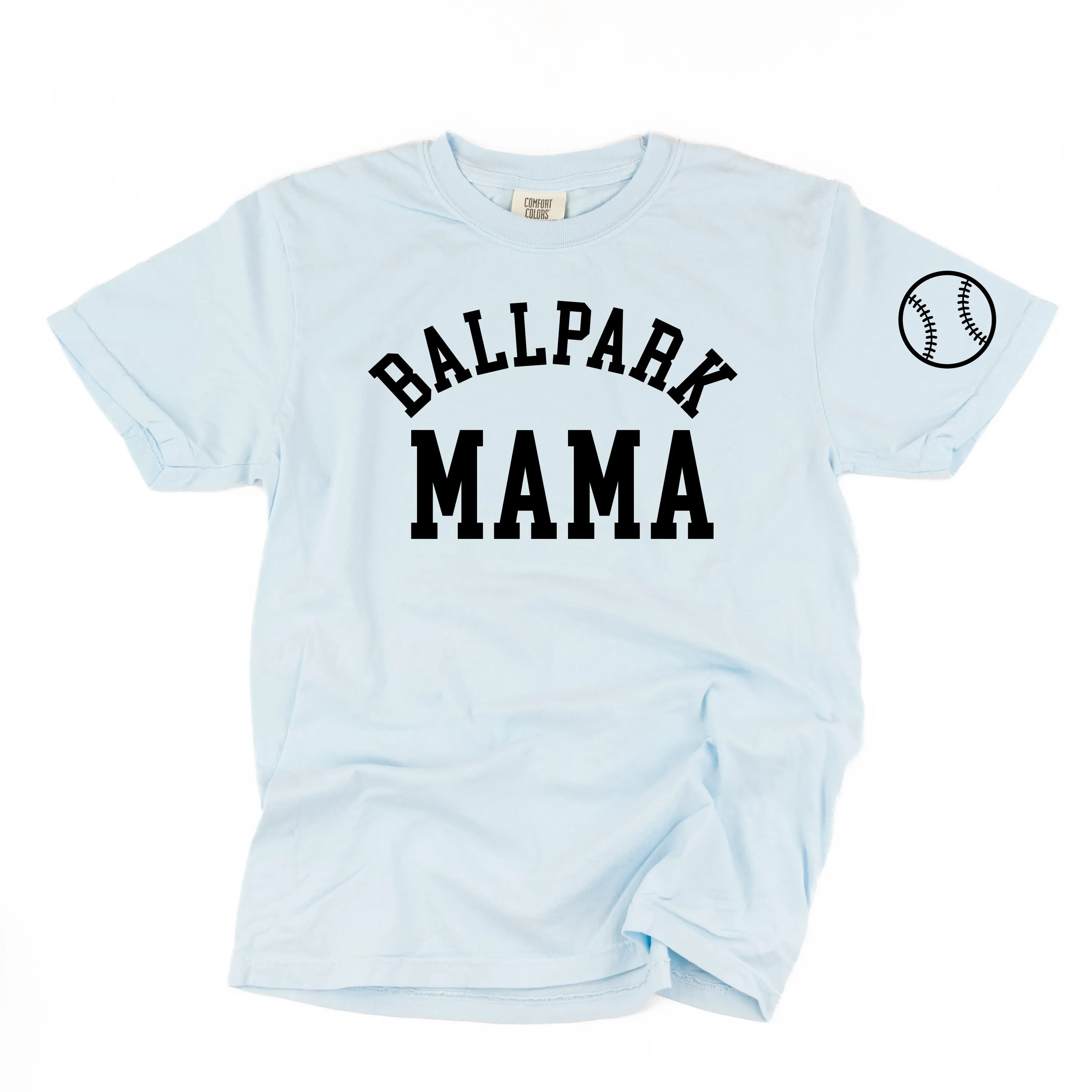 Ballpark Mama - Baseball Detail on Sleeve - SHORT SLEEVE COMFORT COLORS TEE