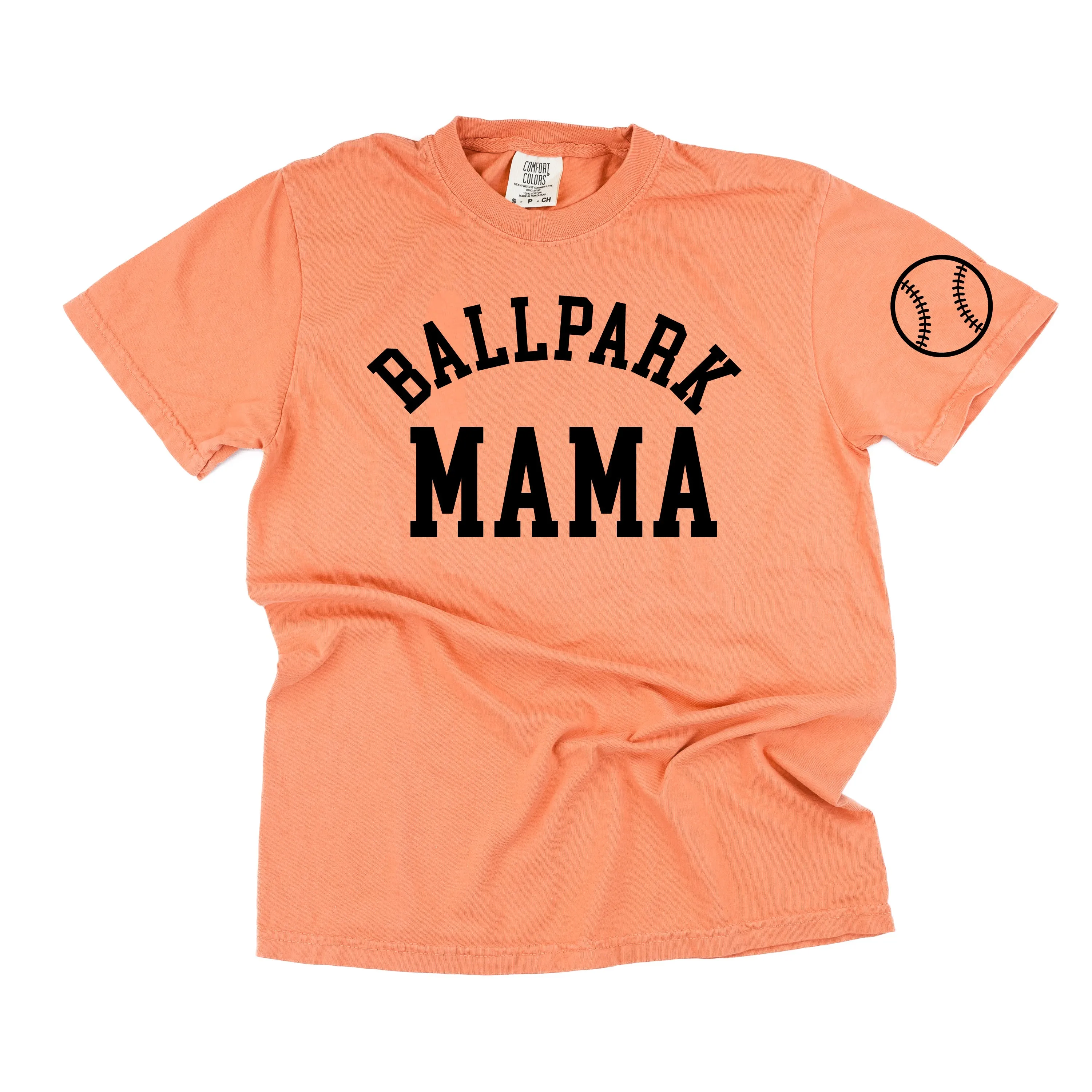 Ballpark Mama - Baseball Detail on Sleeve - SHORT SLEEVE COMFORT COLORS TEE