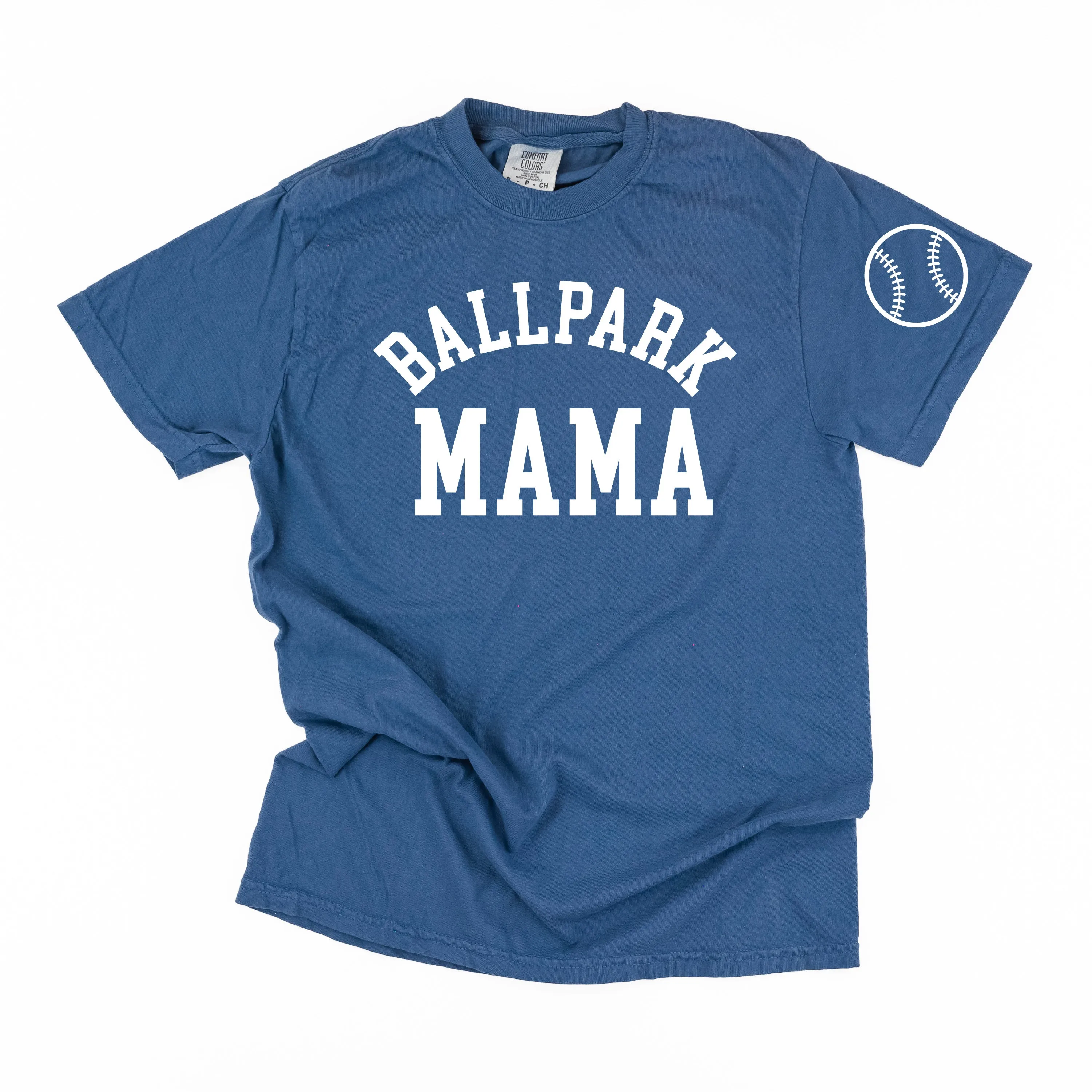 Ballpark Mama - Baseball Detail on Sleeve - SHORT SLEEVE COMFORT COLORS TEE