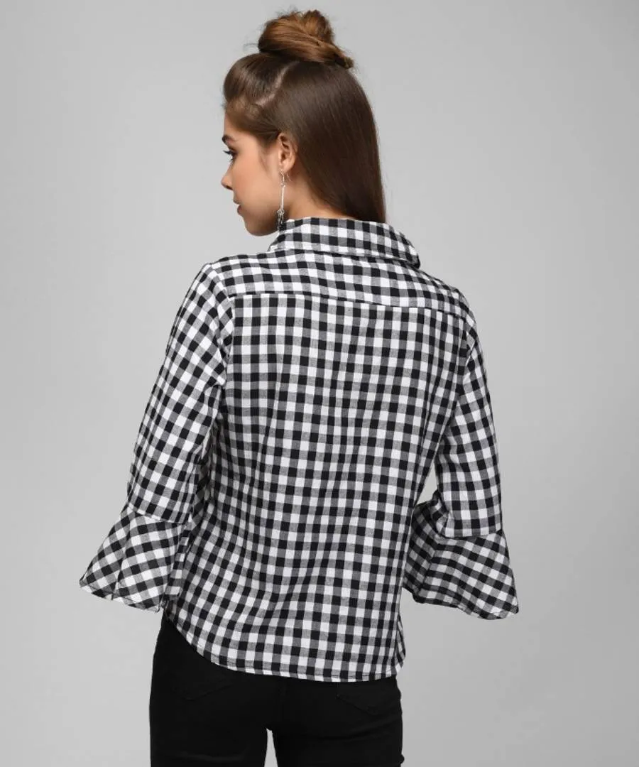 Black And White Close Check Shirt With Bell Sleeve