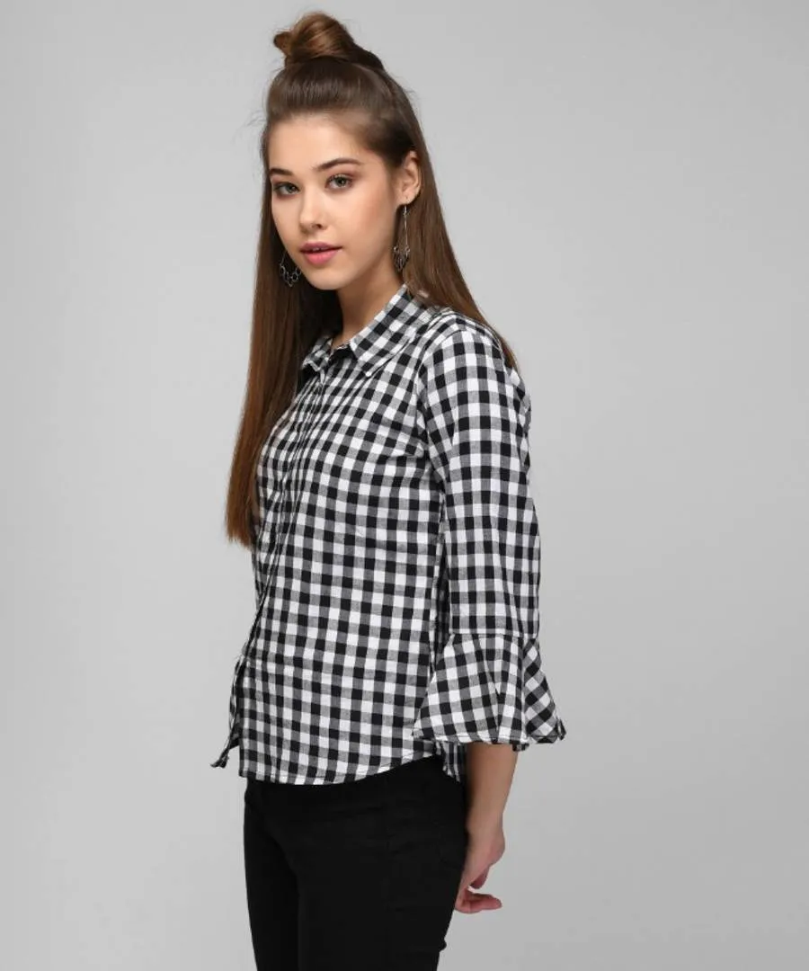 Black And White Close Check Shirt With Bell Sleeve