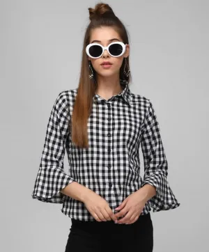 Black And White Close Check Shirt With Bell Sleeve