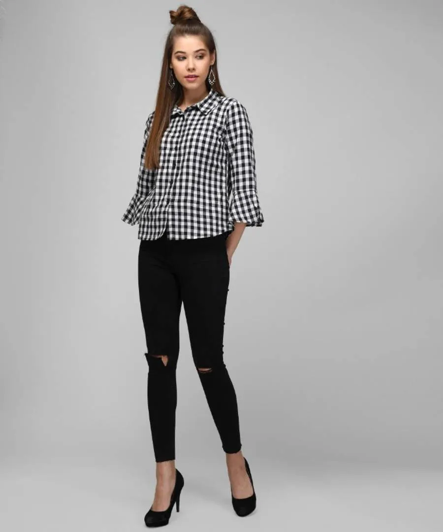 Black And White Close Check Shirt With Bell Sleeve