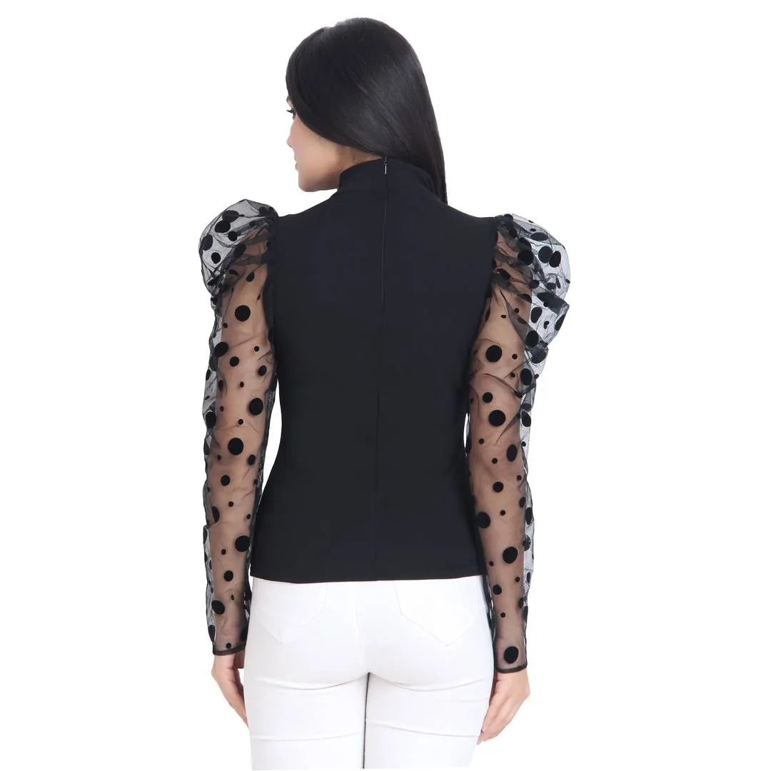 Black Carrera Polka Dot Net Top For Women