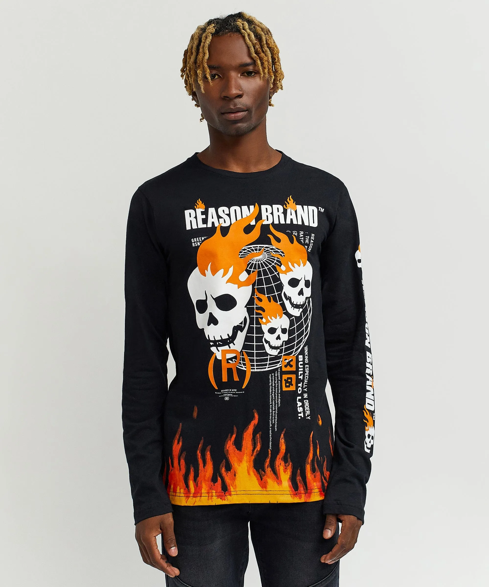 Brad Skull Flame Placement Print Long Sleeve Tee