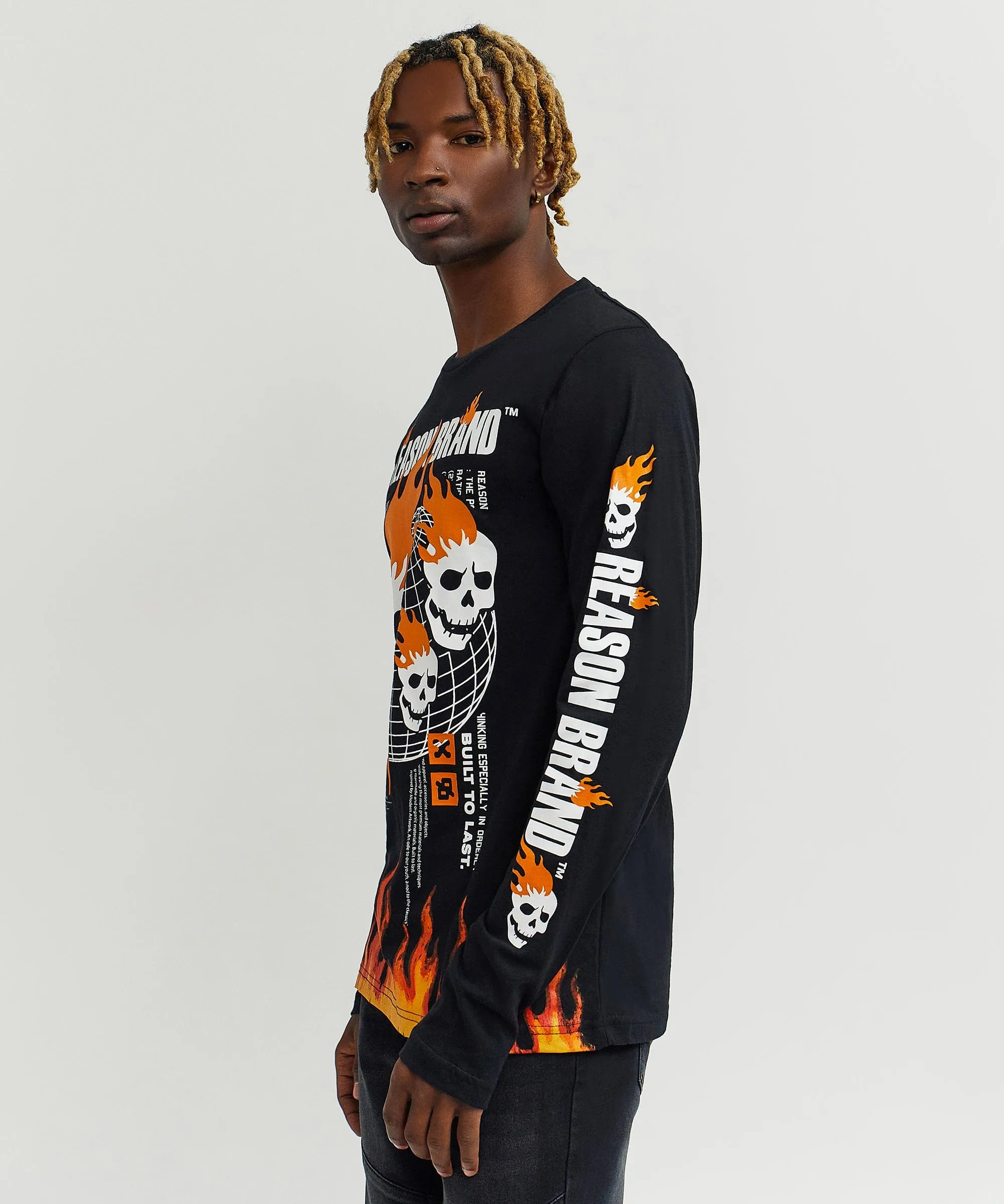 Brad Skull Flame Placement Print Long Sleeve Tee