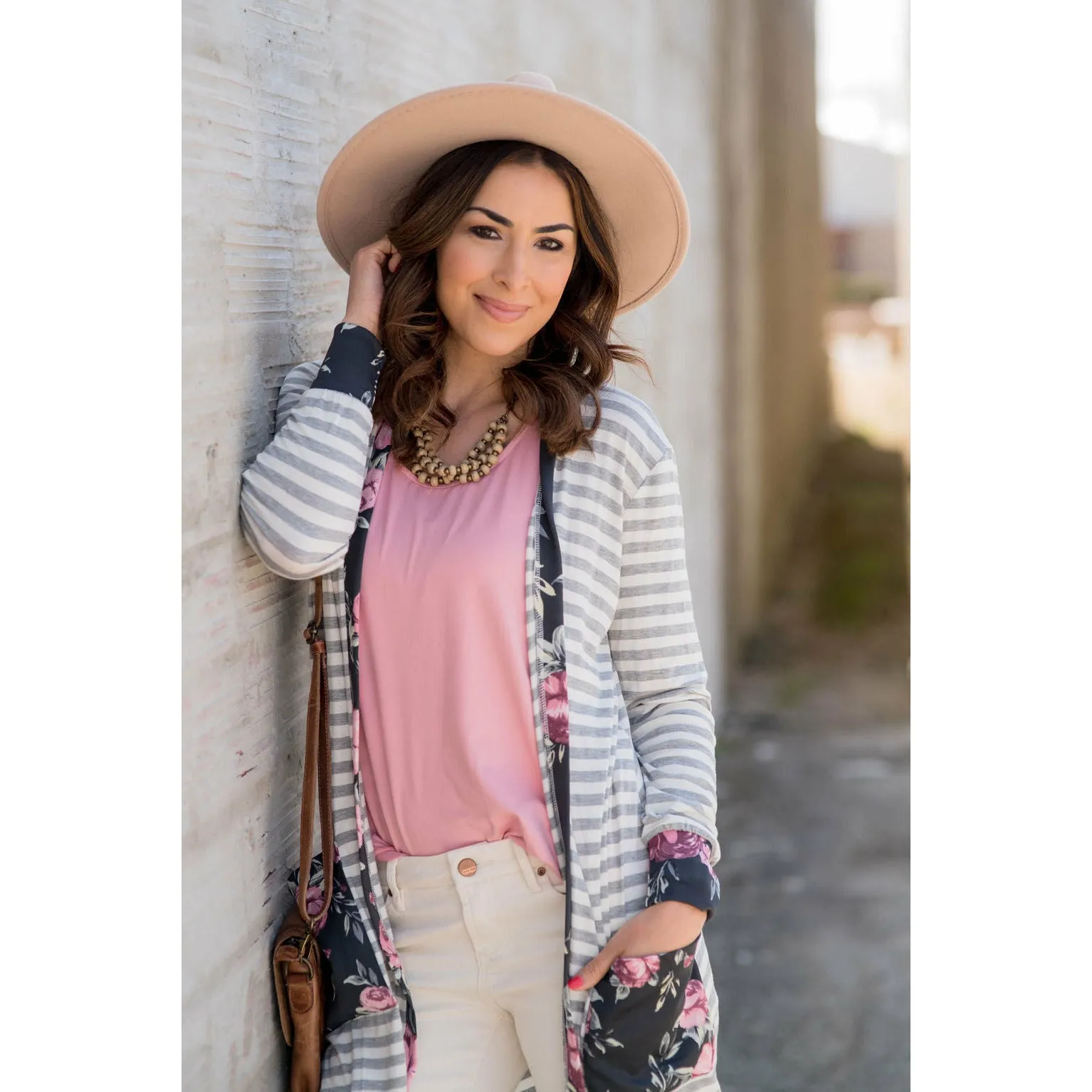 Charcoal Floral Trimmed Tunic Cardigan