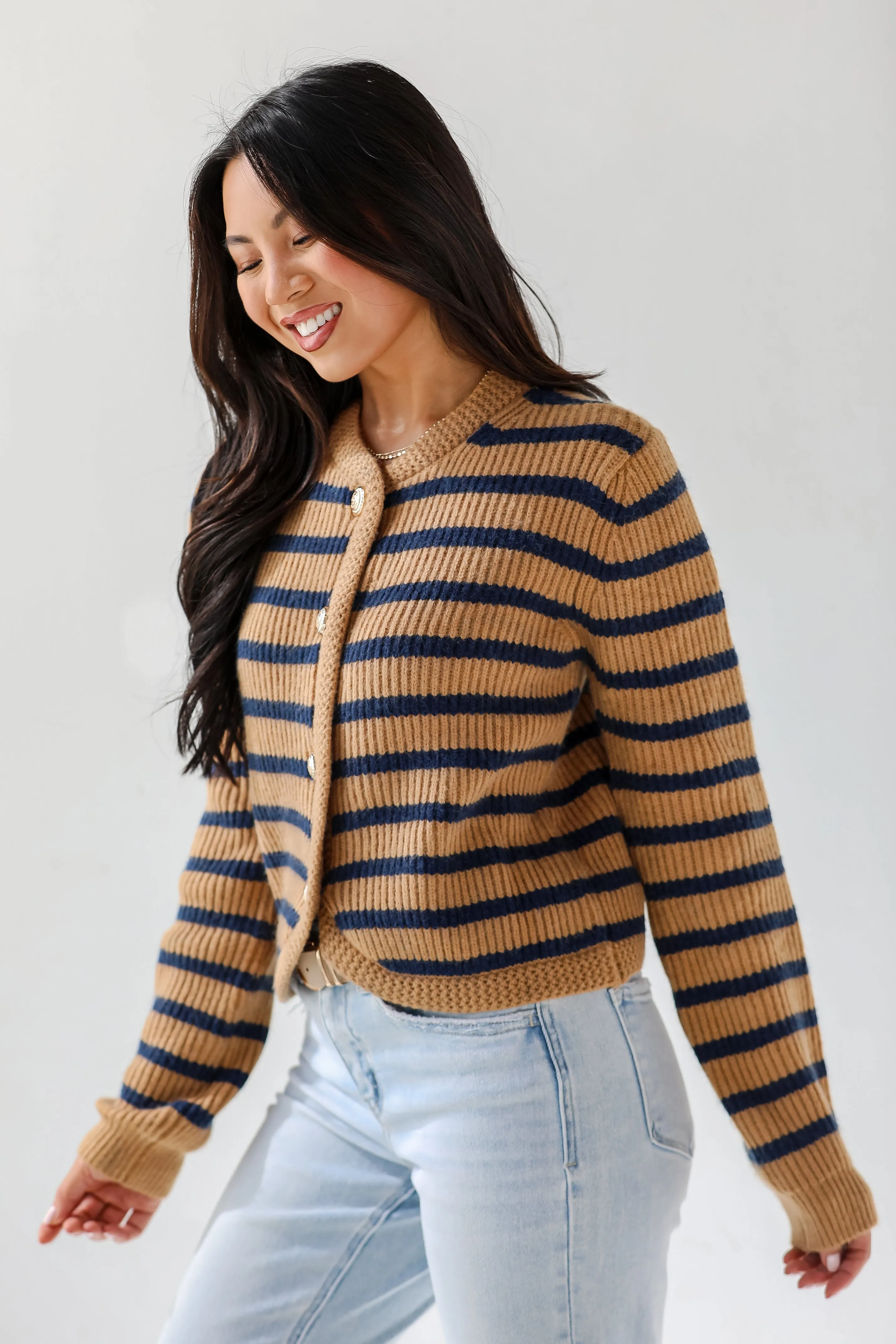 Chicest Option Camel Striped Sweater Cardigan