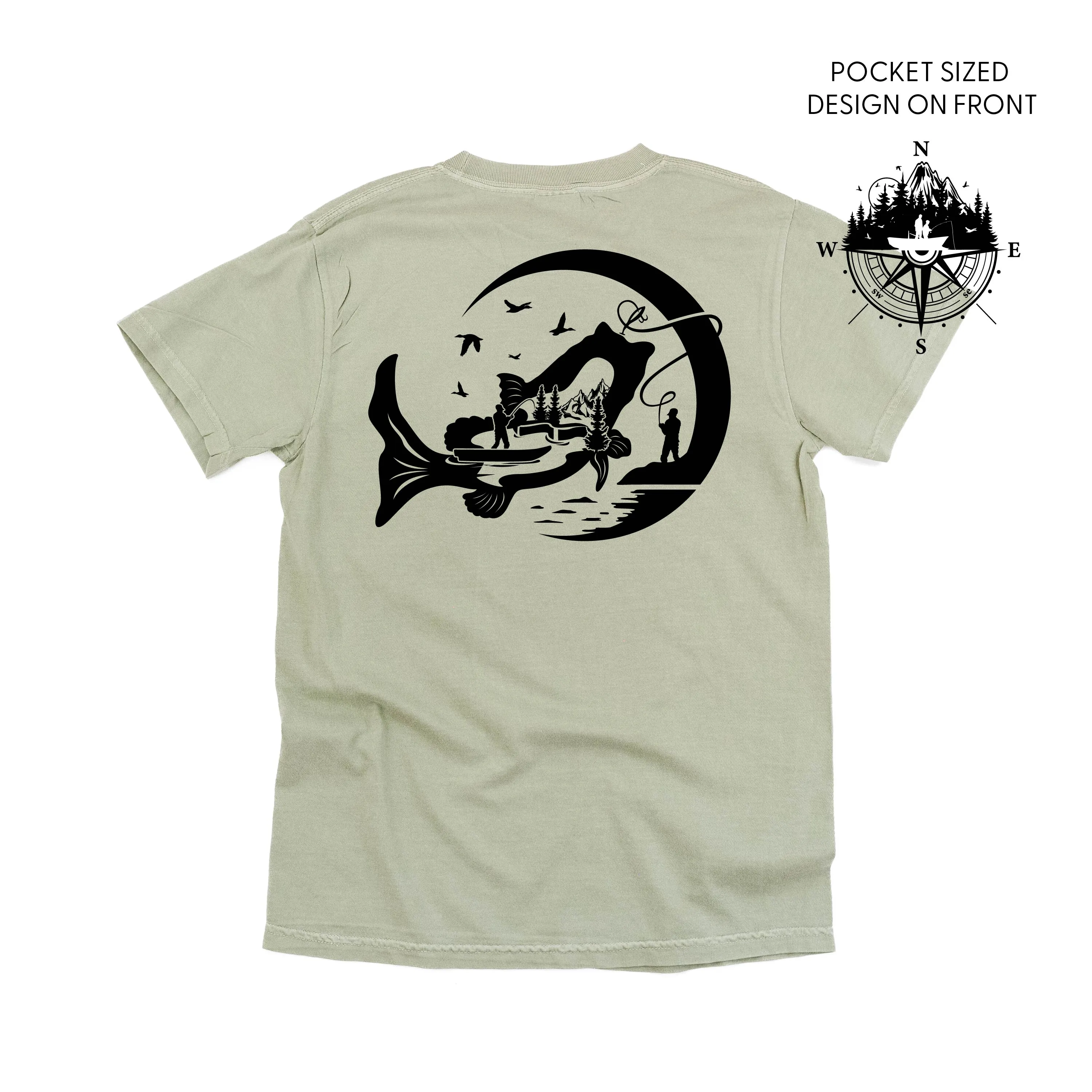 Fishing Compass Pocket Design on Front w/ Fishing Scene on Back - SHORT SLEEVE COMFORT COLORS TEE