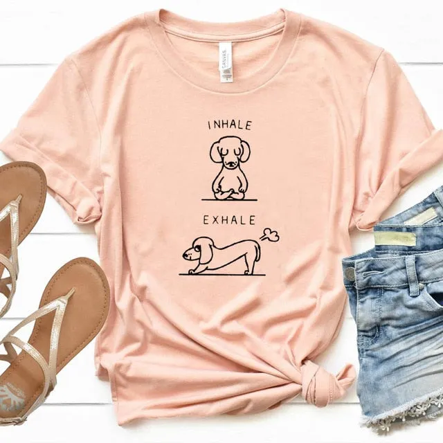 Funny Yoga Doxie T Shirts for Women 100% Cotton