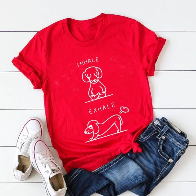 Funny Yoga Doxie T Shirts for Women 100% Cotton