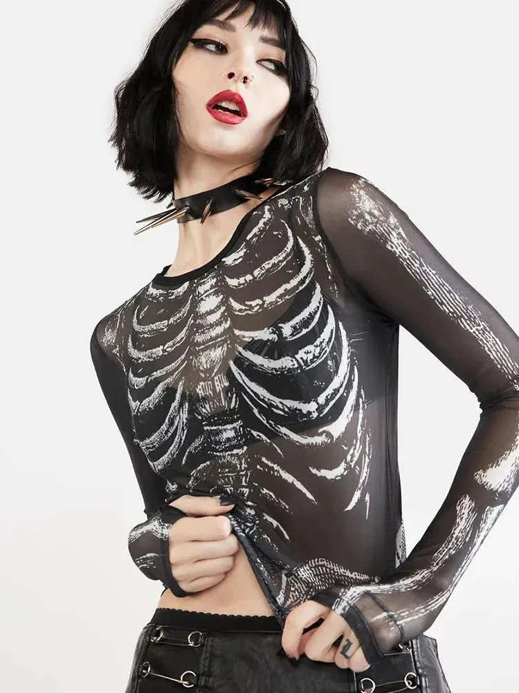 Gothic Punk Skeleton Pattern Long Sleeve Crop Top