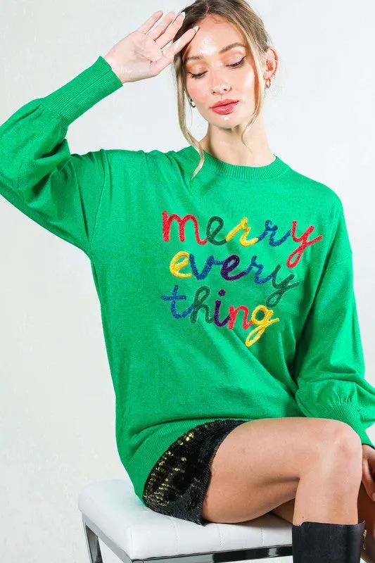 Green Merry Everything Letter Detail Sweater Top