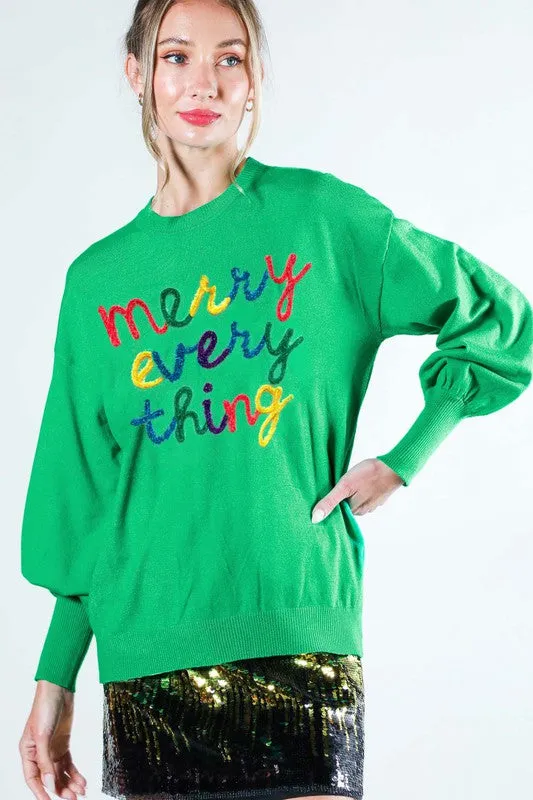 Green Merry Everything Letter Detail Sweater Top