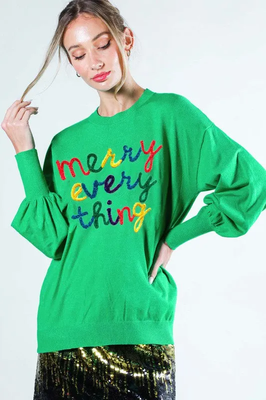 Green Merry Everything Letter Detail Sweater Top