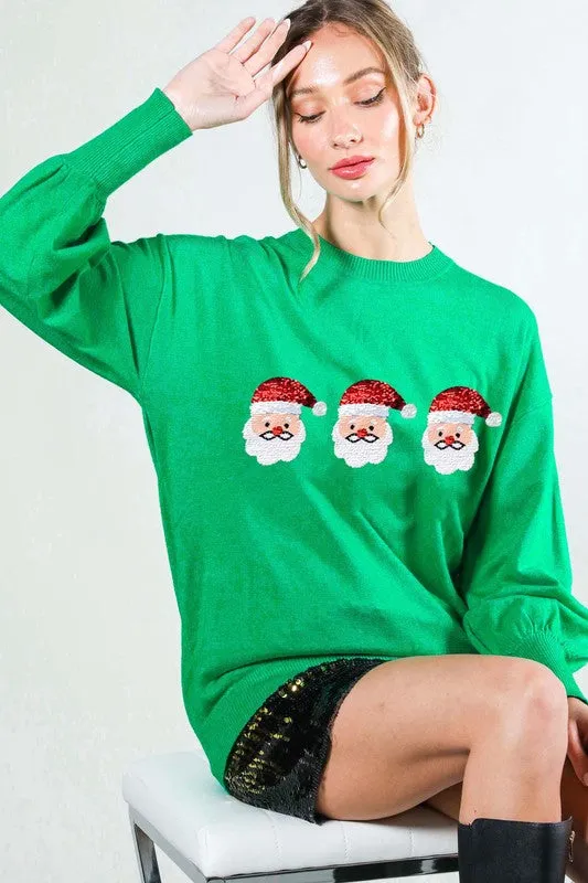 Green Sequin Santa Detail Sweater Top