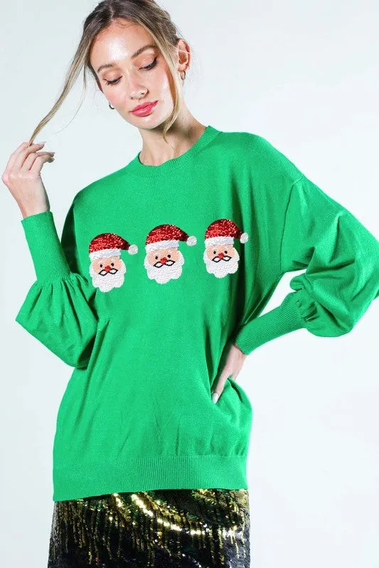 Green Sequin Santa Detail Sweater Top