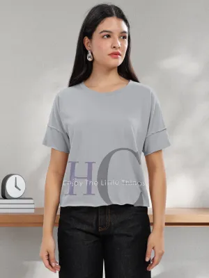 HELLCAT Light Grey Printed Regular Fit Raw Edge Crew Neck Crop T-Shirt for Women