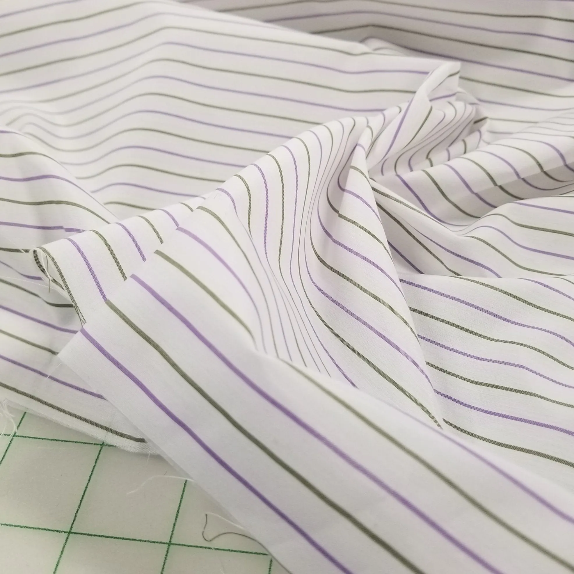 Italian Deadstock Silhouette Ivory Cotton Apparel  Purple and Green Horizontal Stripe Shirting Woven- by the yard