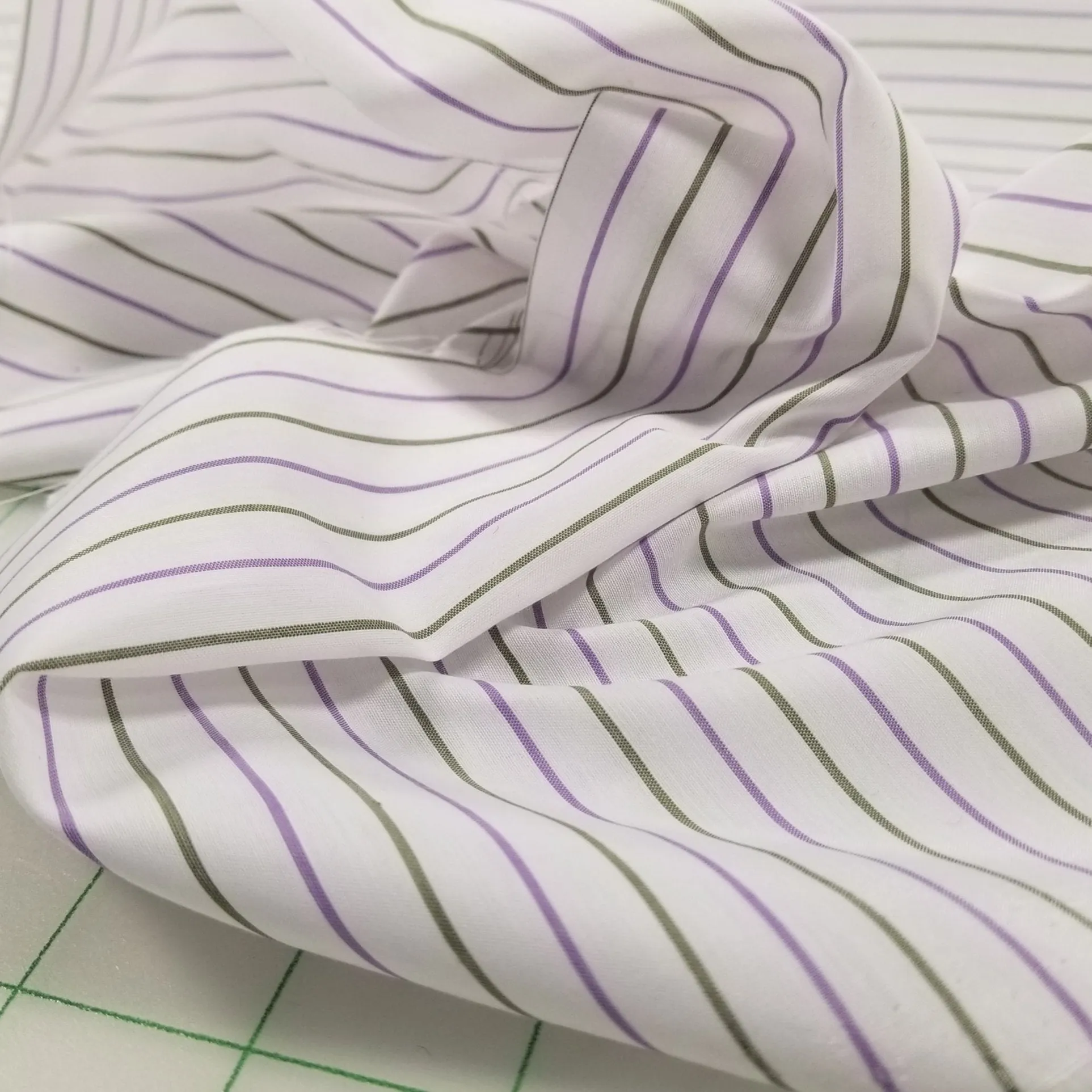 Italian Deadstock Silhouette Ivory Cotton Apparel  Purple and Green Horizontal Stripe Shirting Woven- by the yard