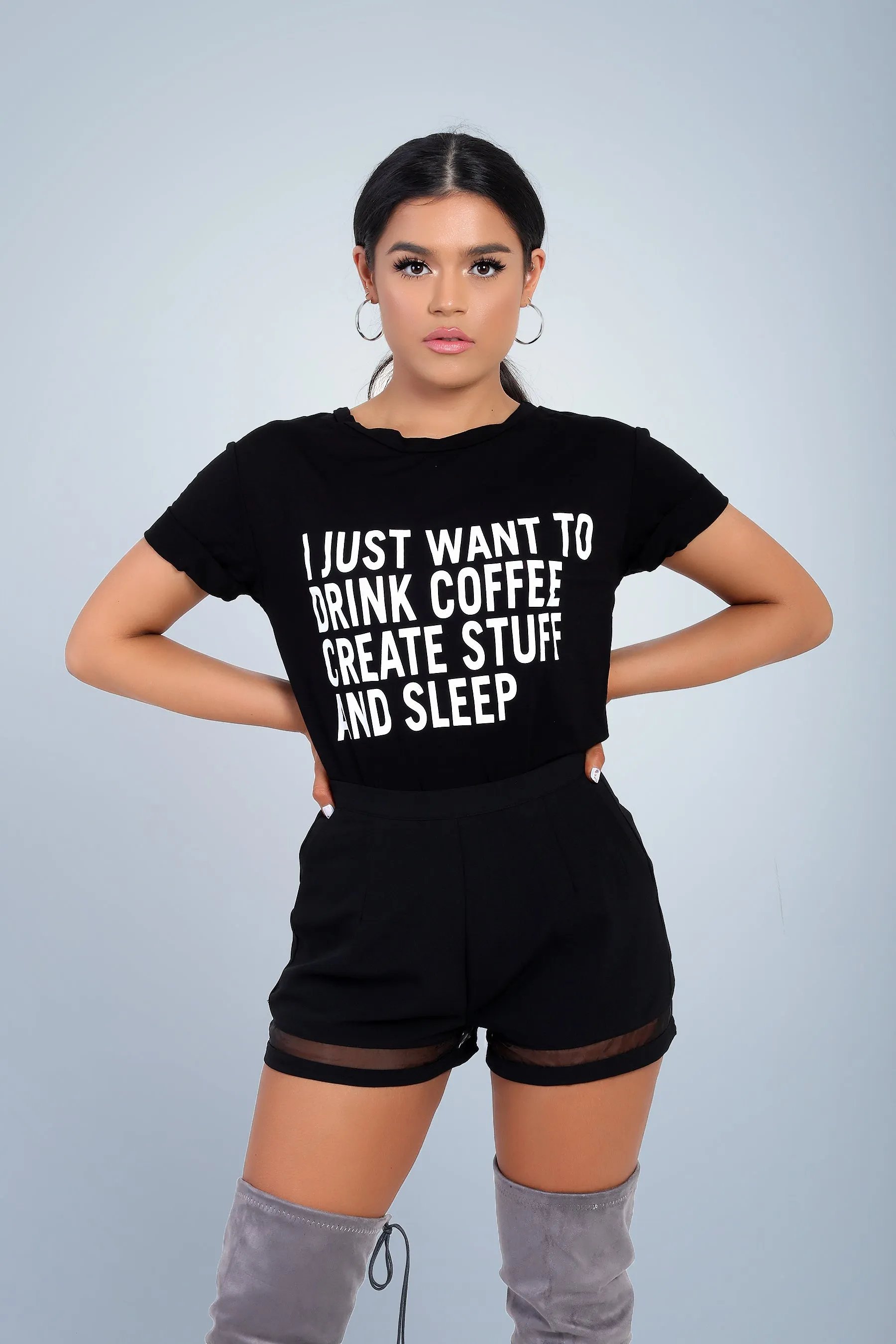 Kiara Black "I Just Want To Drink Coffee" Slogan T-Shirt