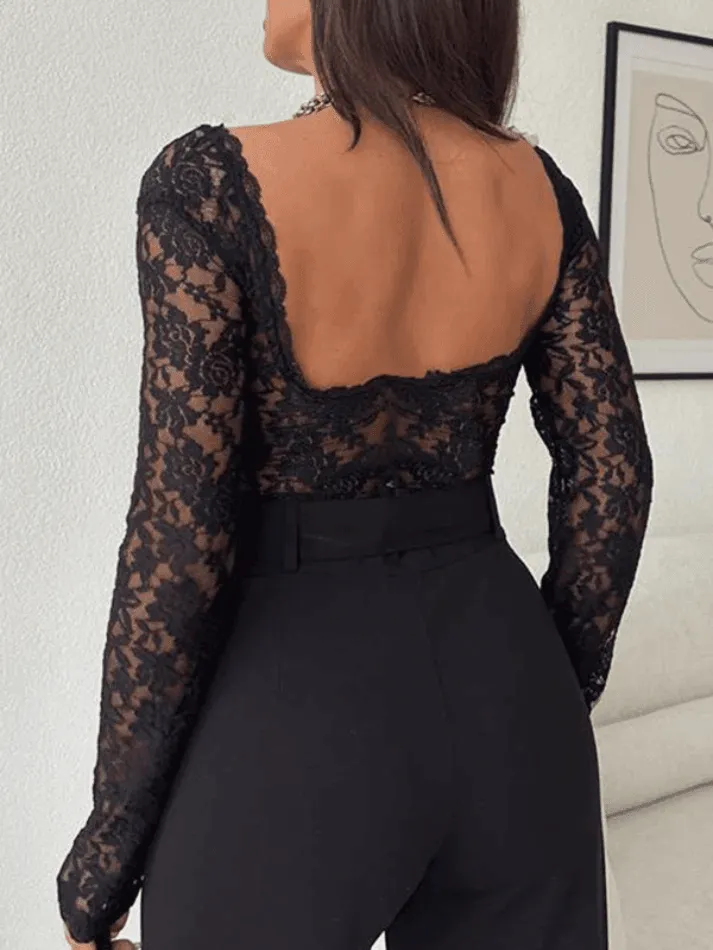 Lace V Neck Open Back Long Sleeved Tee