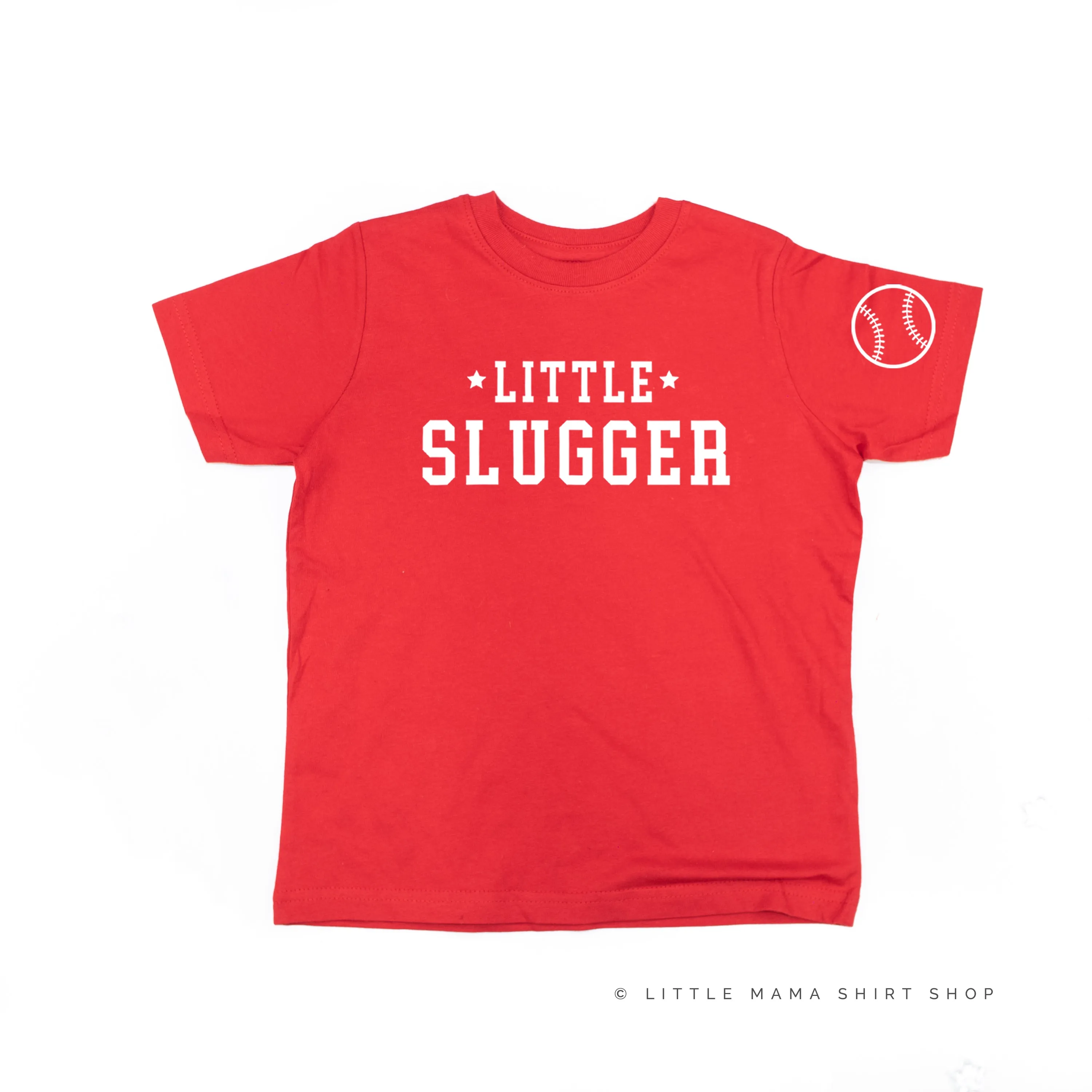 Little Slugger - Baseball Detail on Sleeve - Short Sleeve Child Shirt