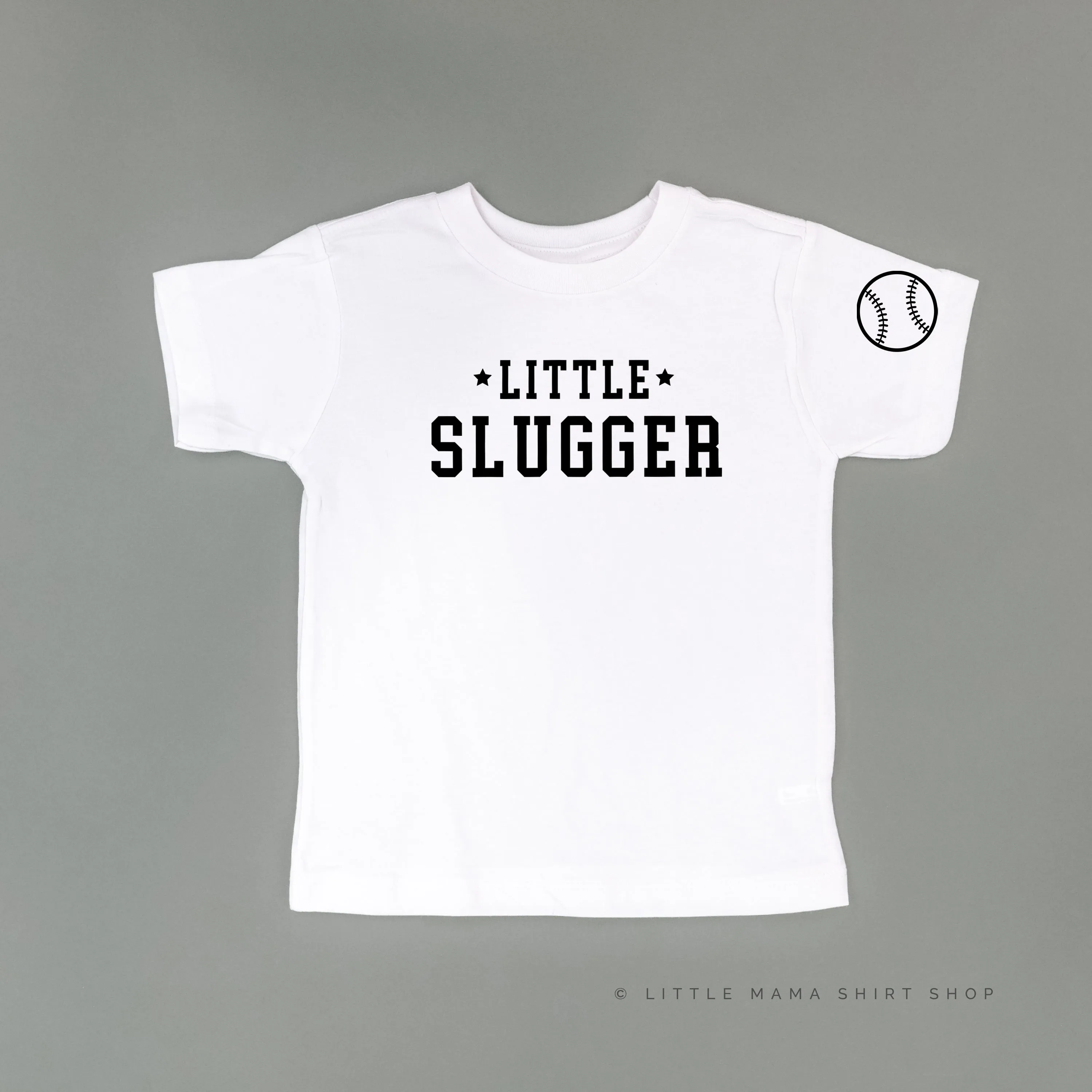 Little Slugger - Baseball Detail on Sleeve - Short Sleeve Child Shirt