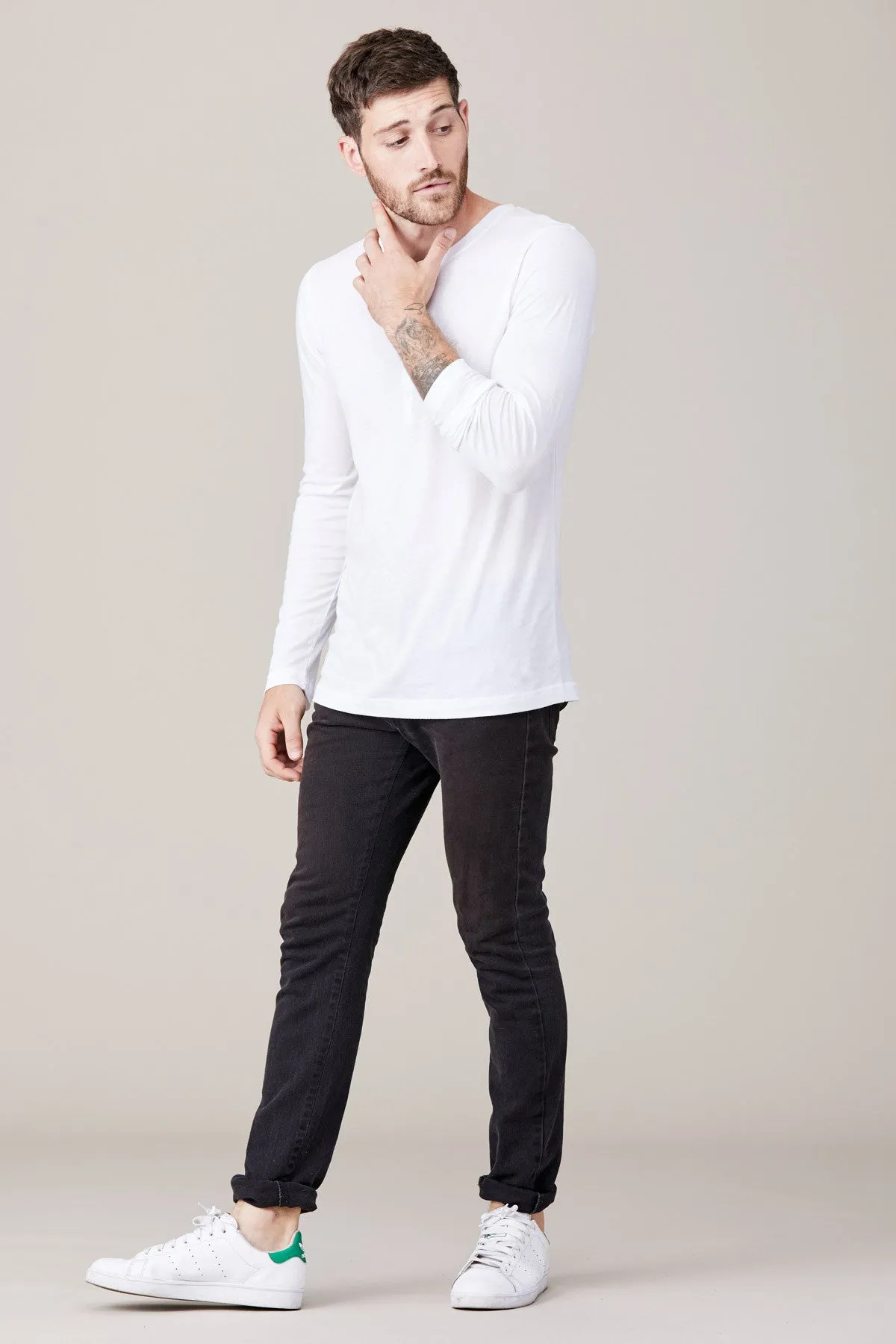 Men's Long Sleeve Button Henley - White