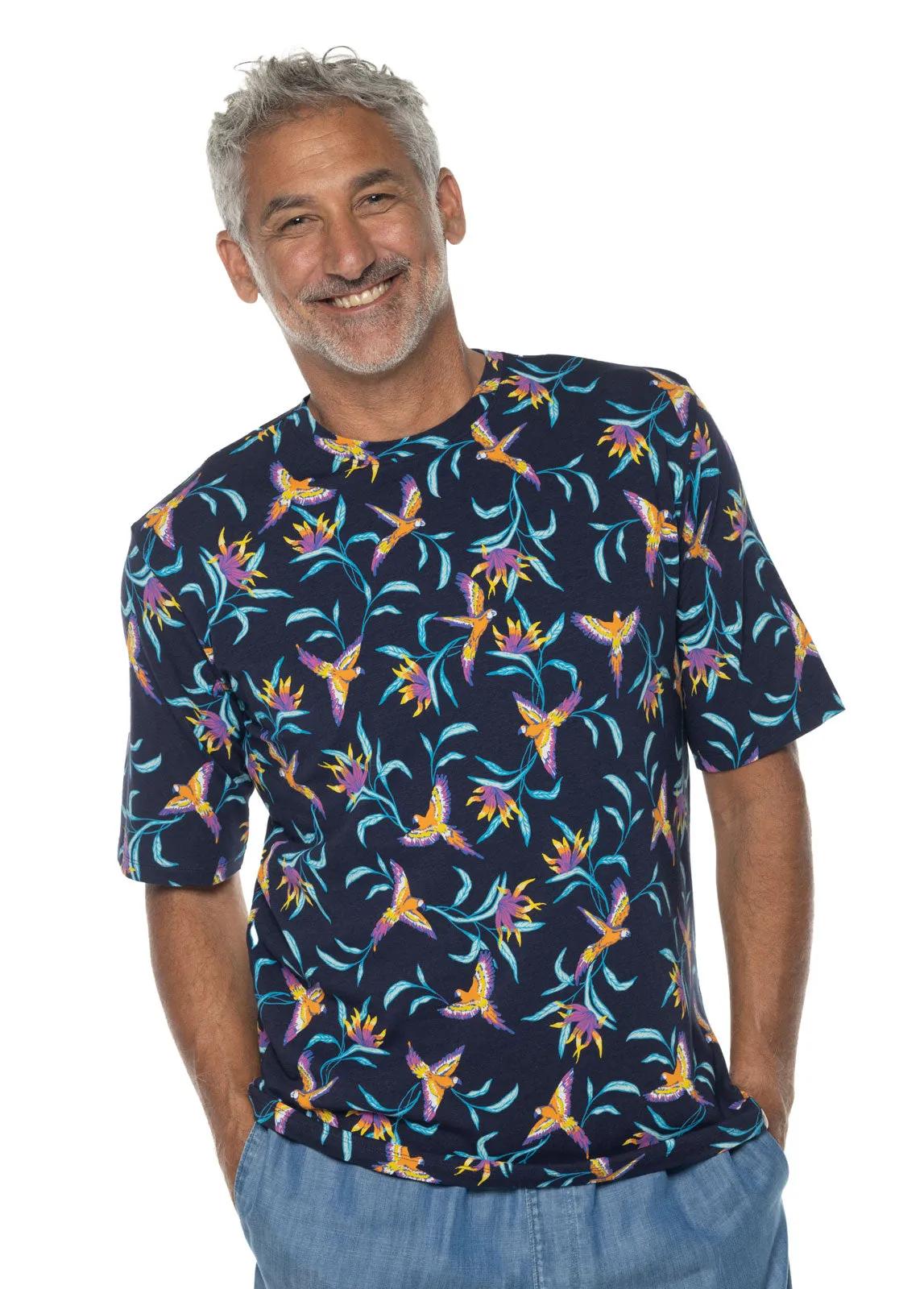 Men's Morada Everyday Short Sleeve T-Shirt | Navy Birds of Paradise