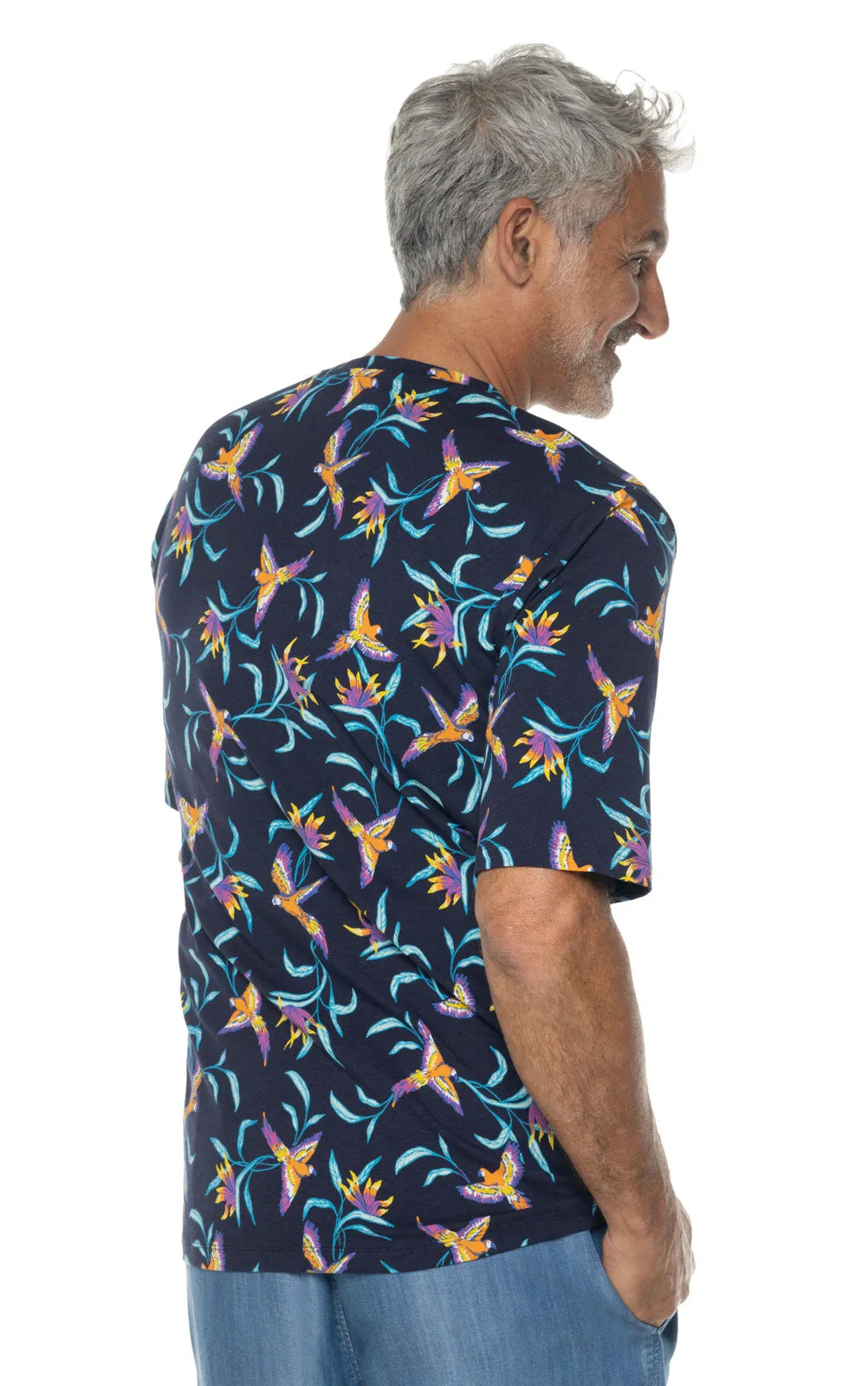 Men's Morada Everyday Short Sleeve T-Shirt | Navy Birds of Paradise