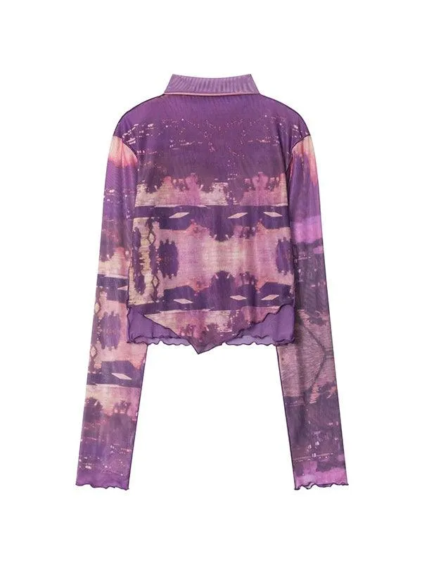 Mock Neck Mesh Print Long Sleeve Tee