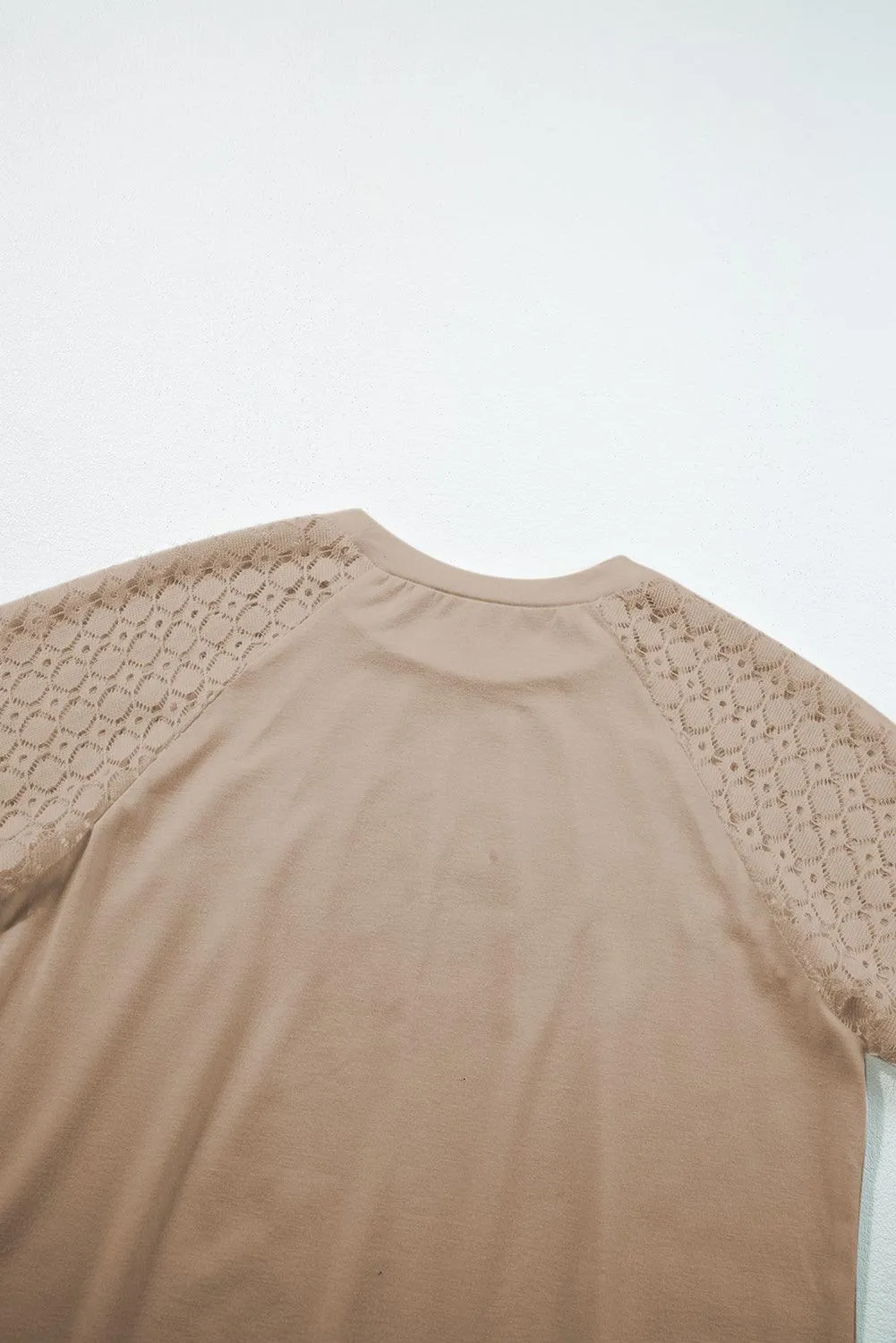 Pale Khaki Seamed Detail Contrast Lace Raglan Sleeve Tee