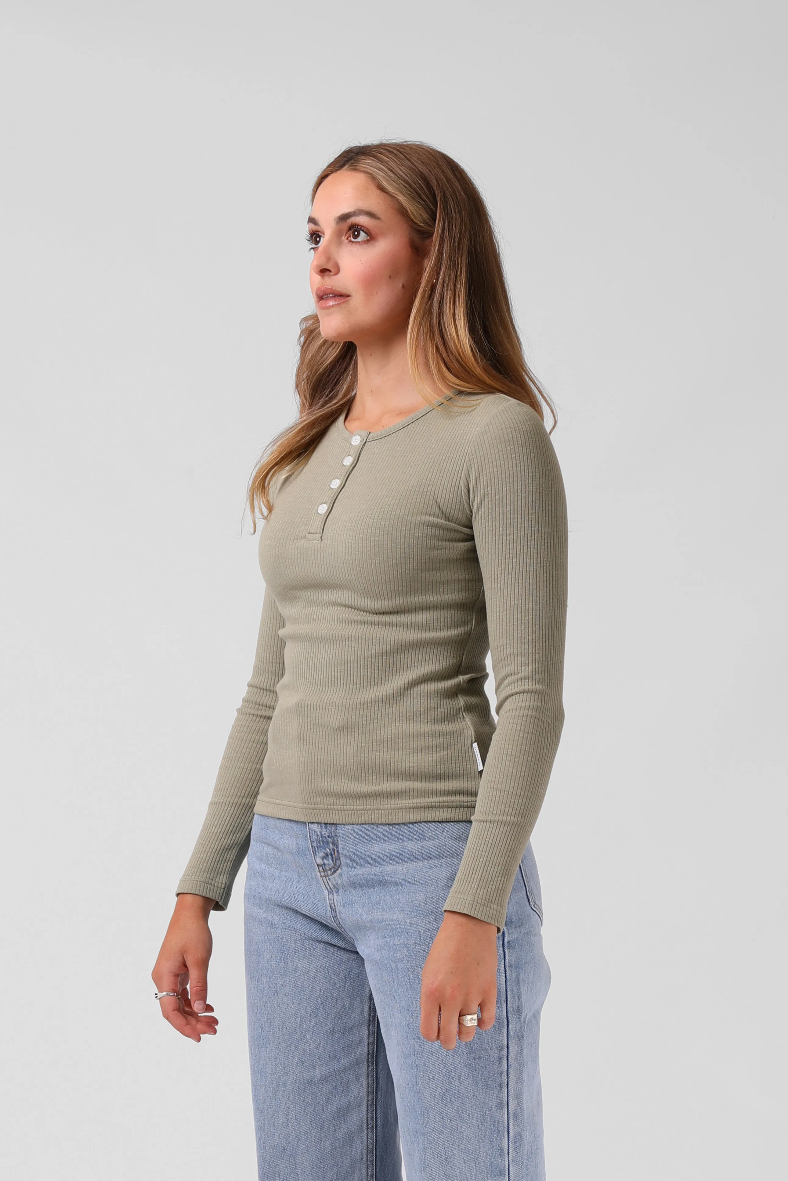 Ribbed L/S Henley - Light Khaki