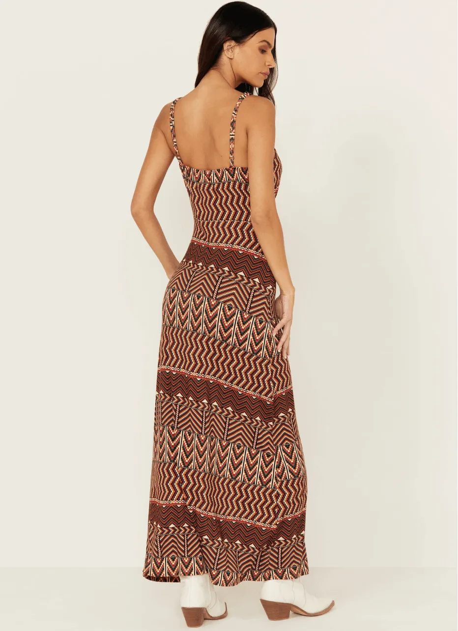 Rock & Roll Cowgirl Women's Burnt Orange Geo Print Tank Maxi Dress BWD0R03294