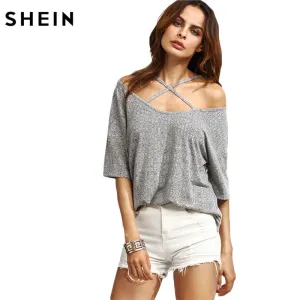 SHEIN Womens Casual Tees Summer T shirt Tops Ladies Grey Ribbed Crisscross Front Half Sleeve Cold Shoulder T-shirt