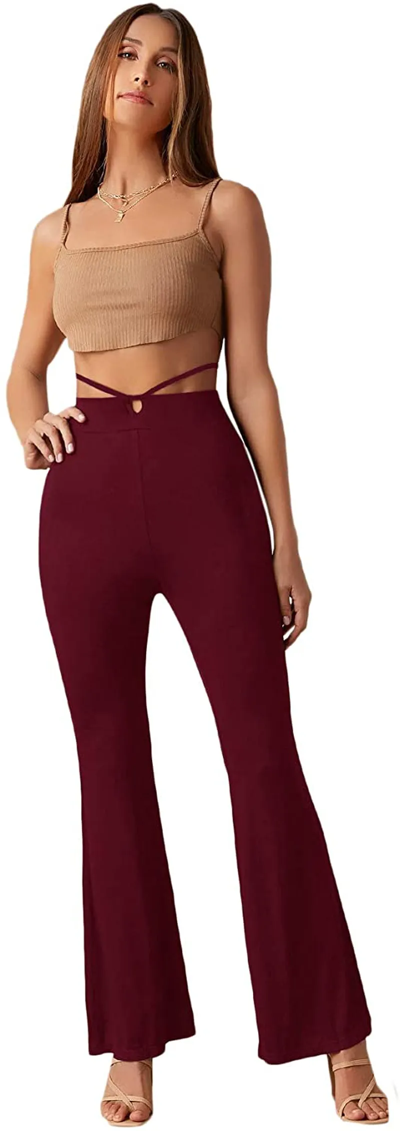 SheIn Women's Cut Out High Elastic Waist Long Pants Flare Leg Solid Trousers