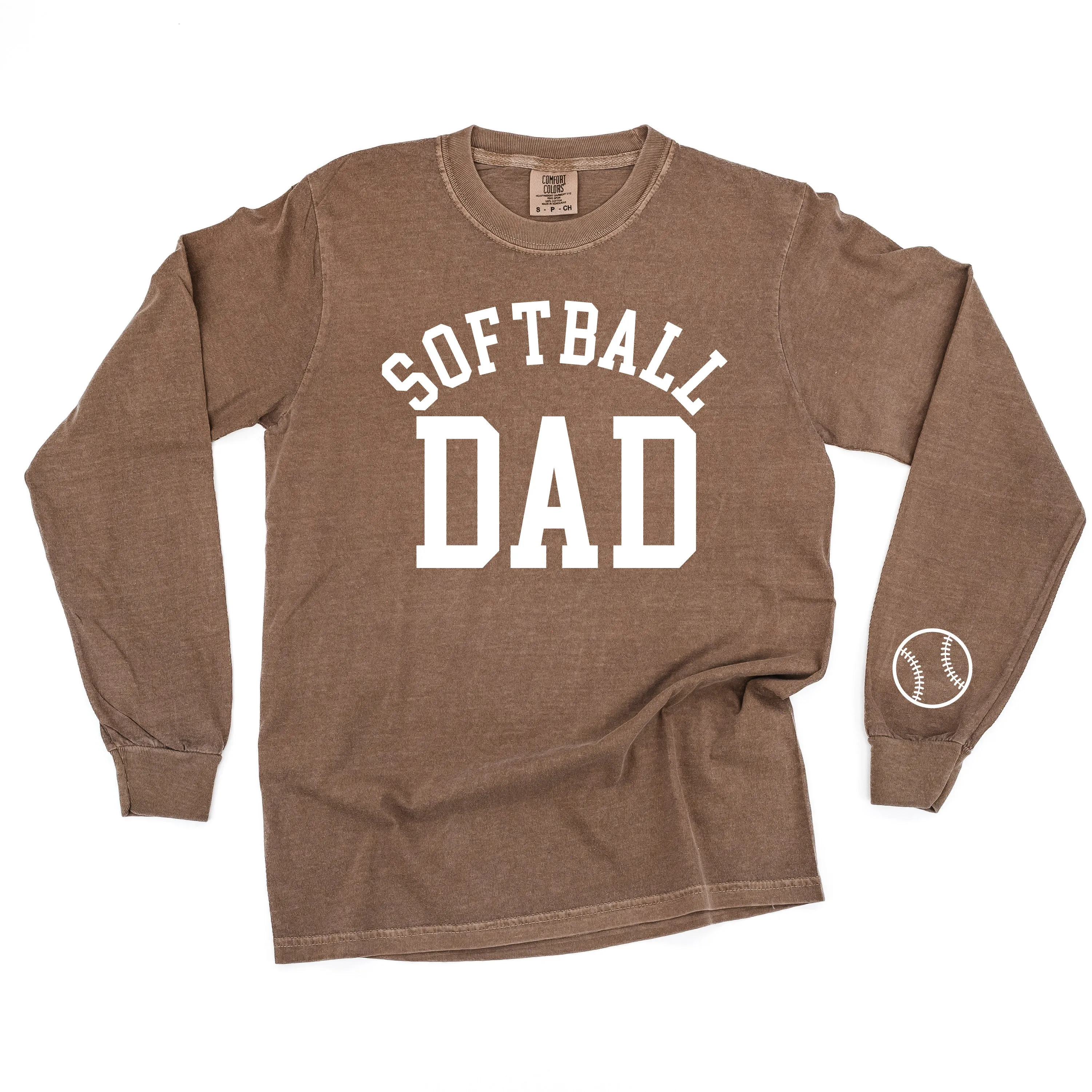 Softball Dad - Baseball Detail on Sleeve - LONG SLEEVE COMFORT COLORS TEE