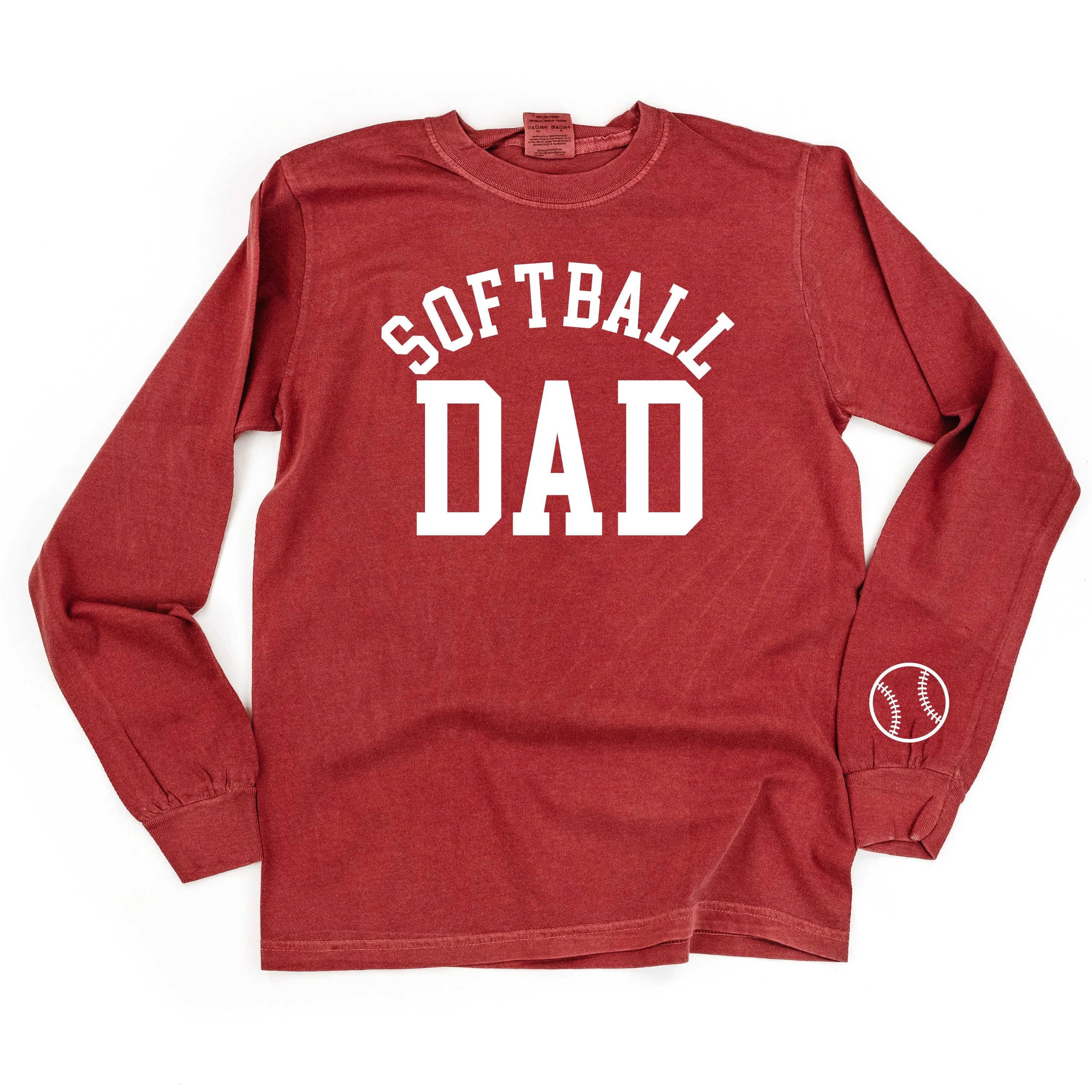 Softball Dad - Baseball Detail on Sleeve - LONG SLEEVE COMFORT COLORS TEE