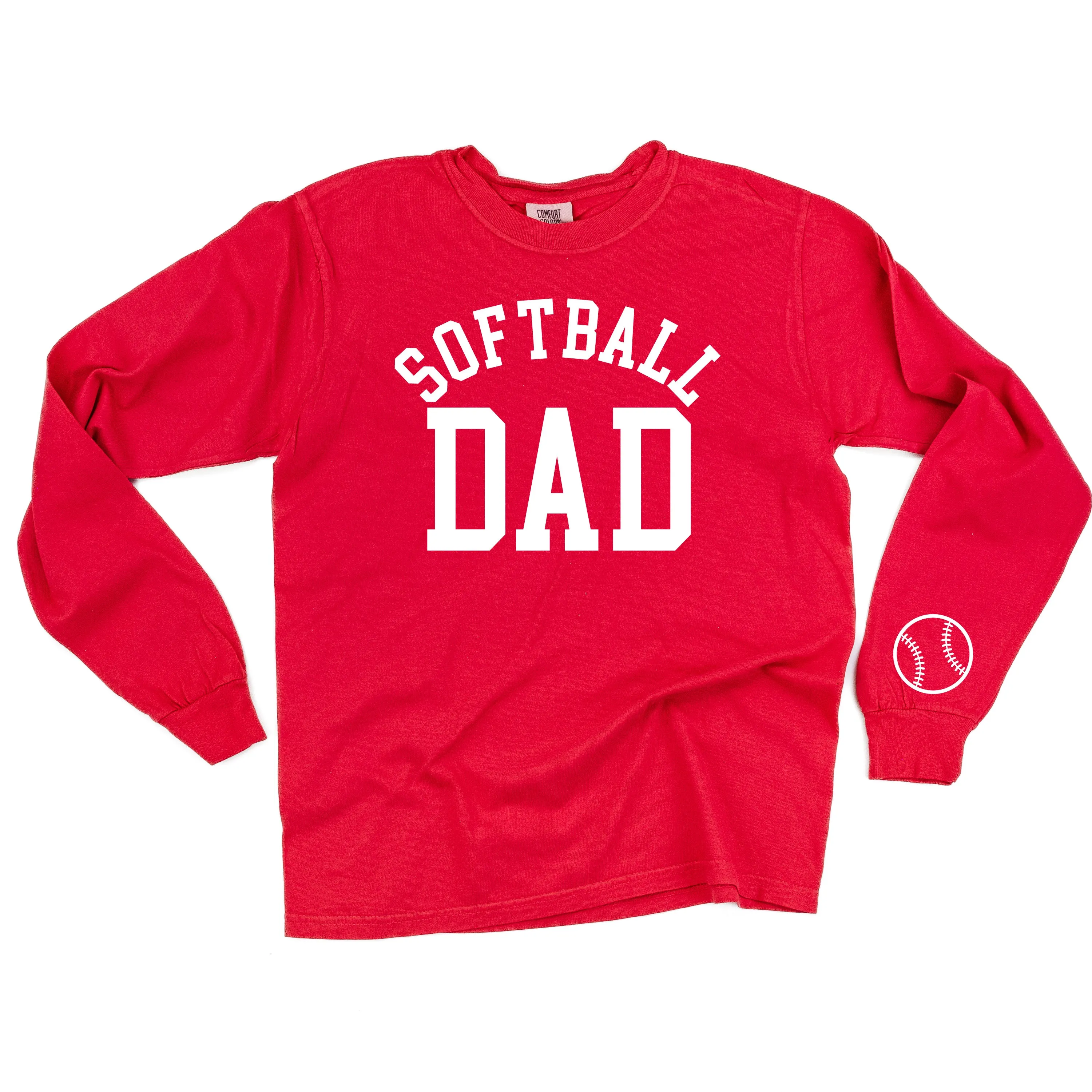 Softball Dad - Baseball Detail on Sleeve - LONG SLEEVE COMFORT COLORS TEE