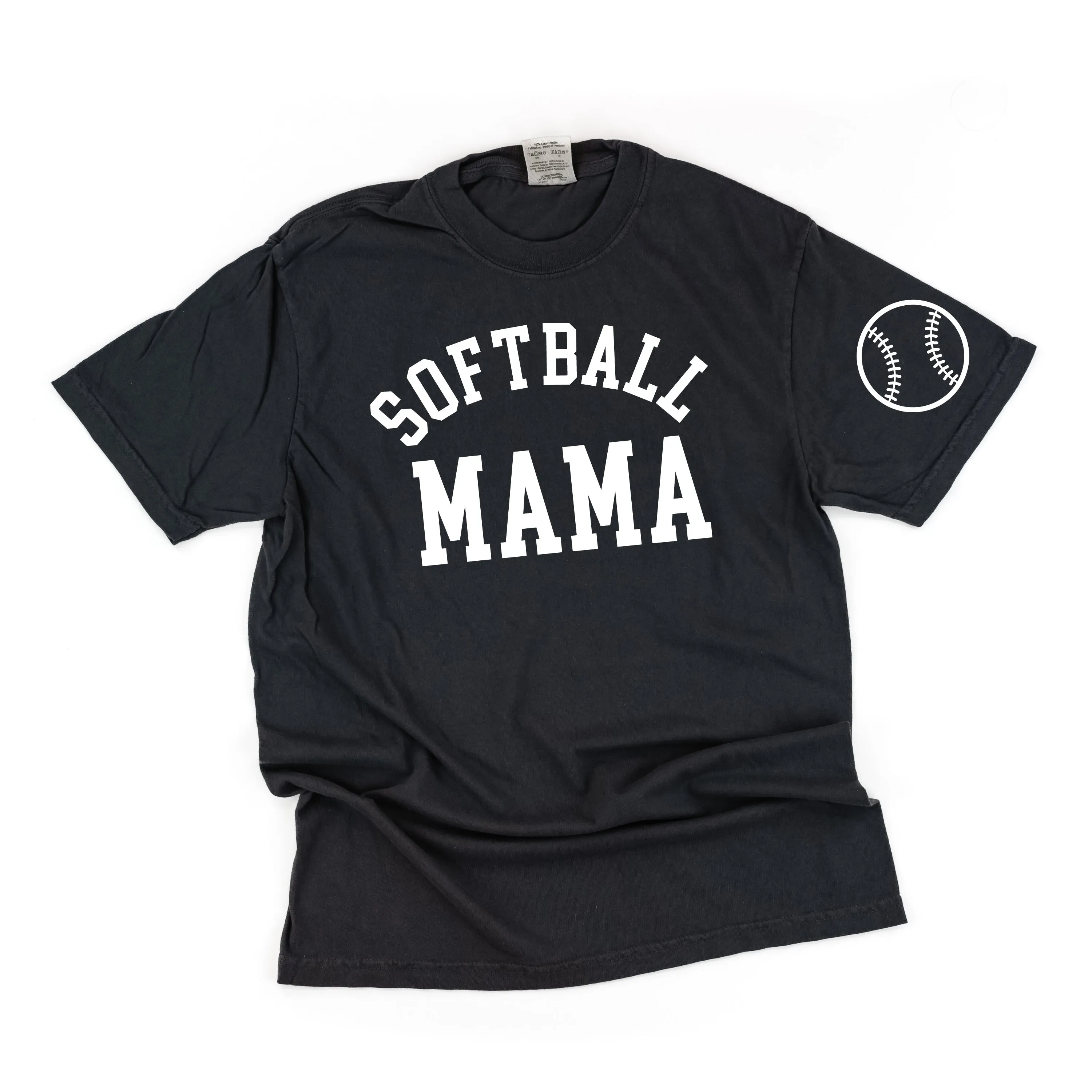 Softball Mama - Baseball Detail on Sleeve - SHORT SLEEVE COMFORT COLORS TEE