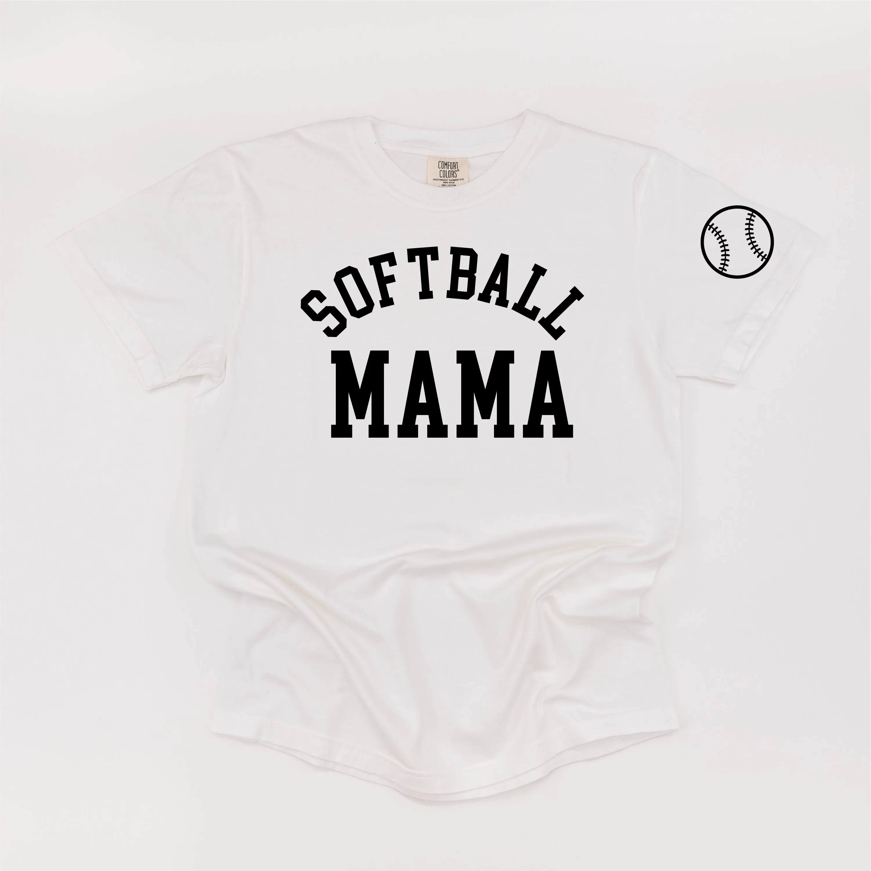 Softball Mama - Baseball Detail on Sleeve - SHORT SLEEVE COMFORT COLORS TEE