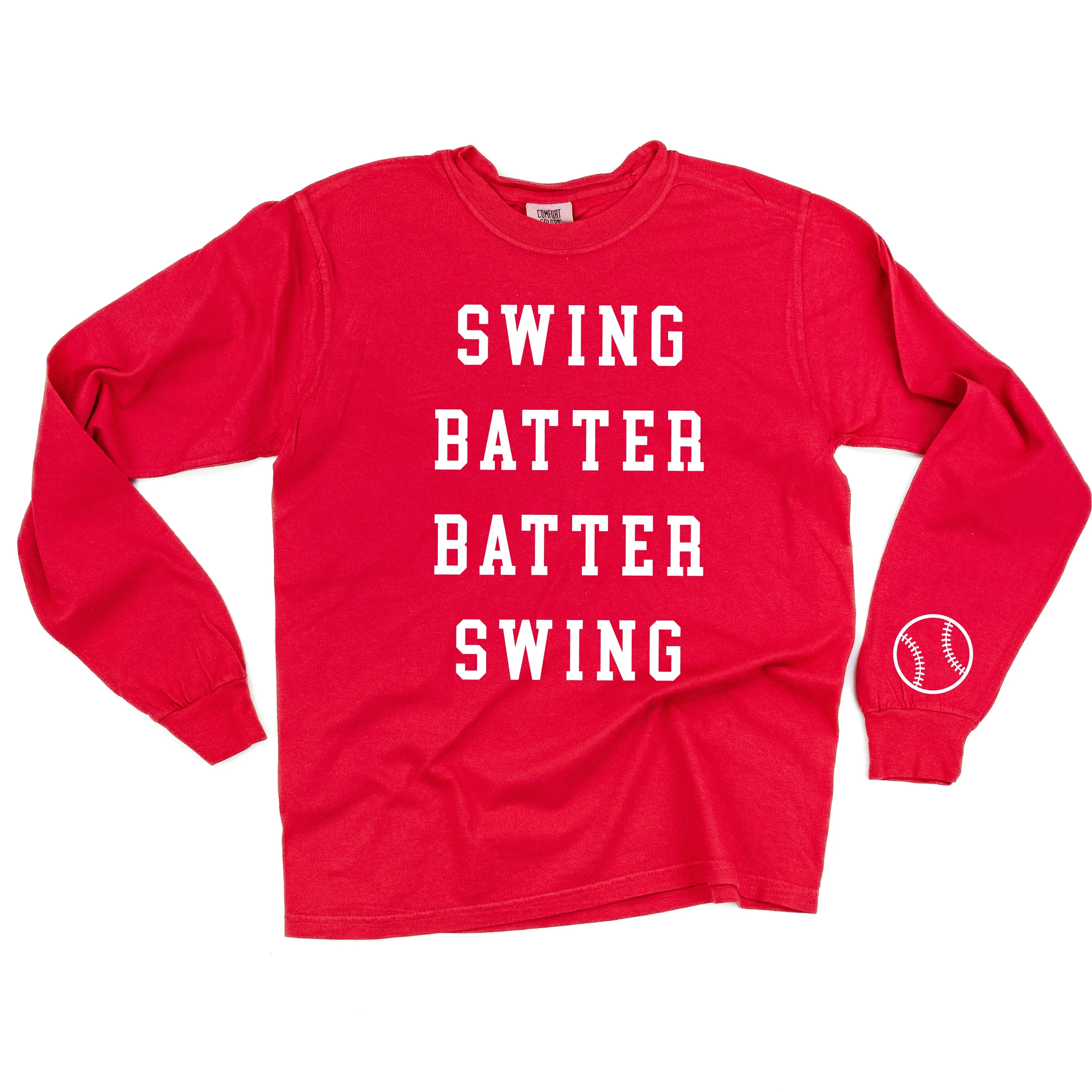 Swing Batter Batter Swing - Baseball Detail on Sleeve - LONG SLEEVE COMFORT COLORS TEE