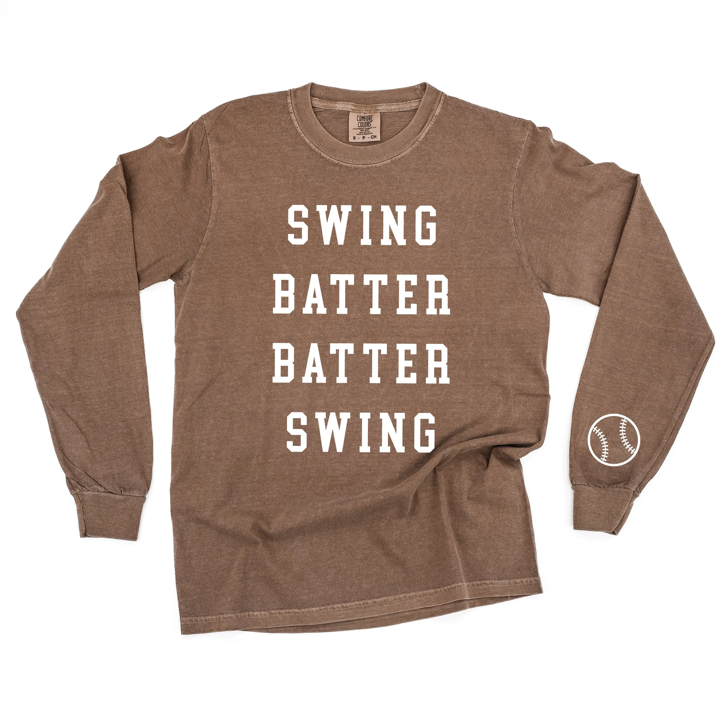 Swing Batter Batter Swing - Baseball Detail on Sleeve - LONG SLEEVE COMFORT COLORS TEE