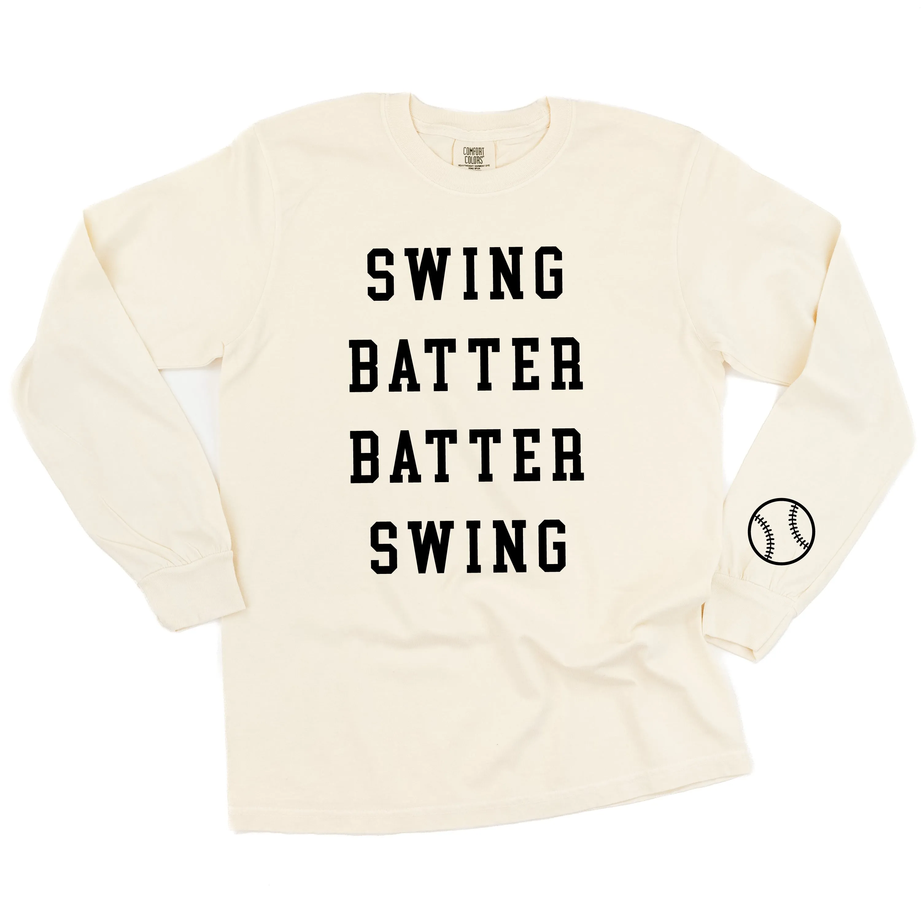 Swing Batter Batter Swing - Baseball Detail on Sleeve - LONG SLEEVE COMFORT COLORS TEE