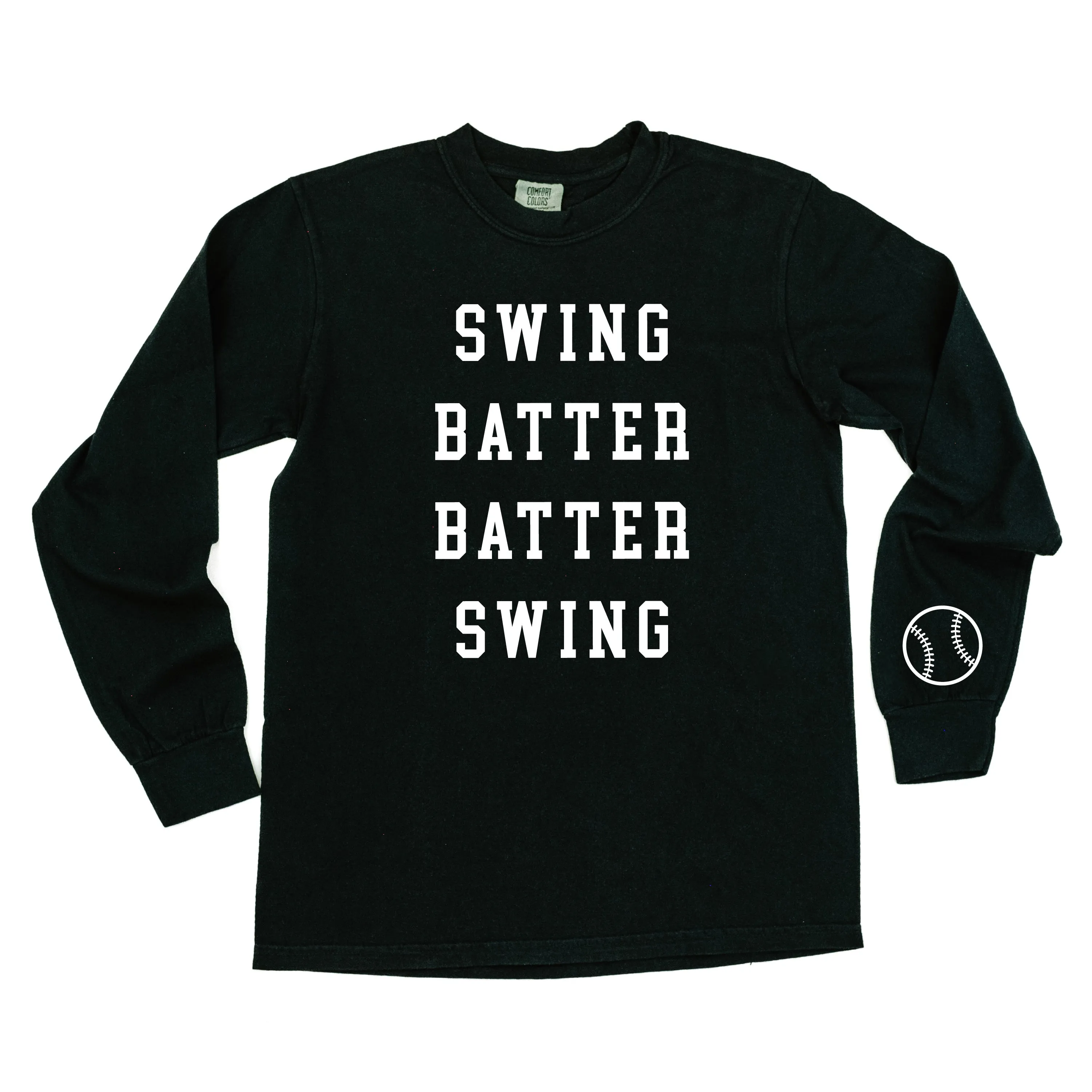 Swing Batter Batter Swing - Baseball Detail on Sleeve - LONG SLEEVE COMFORT COLORS TEE