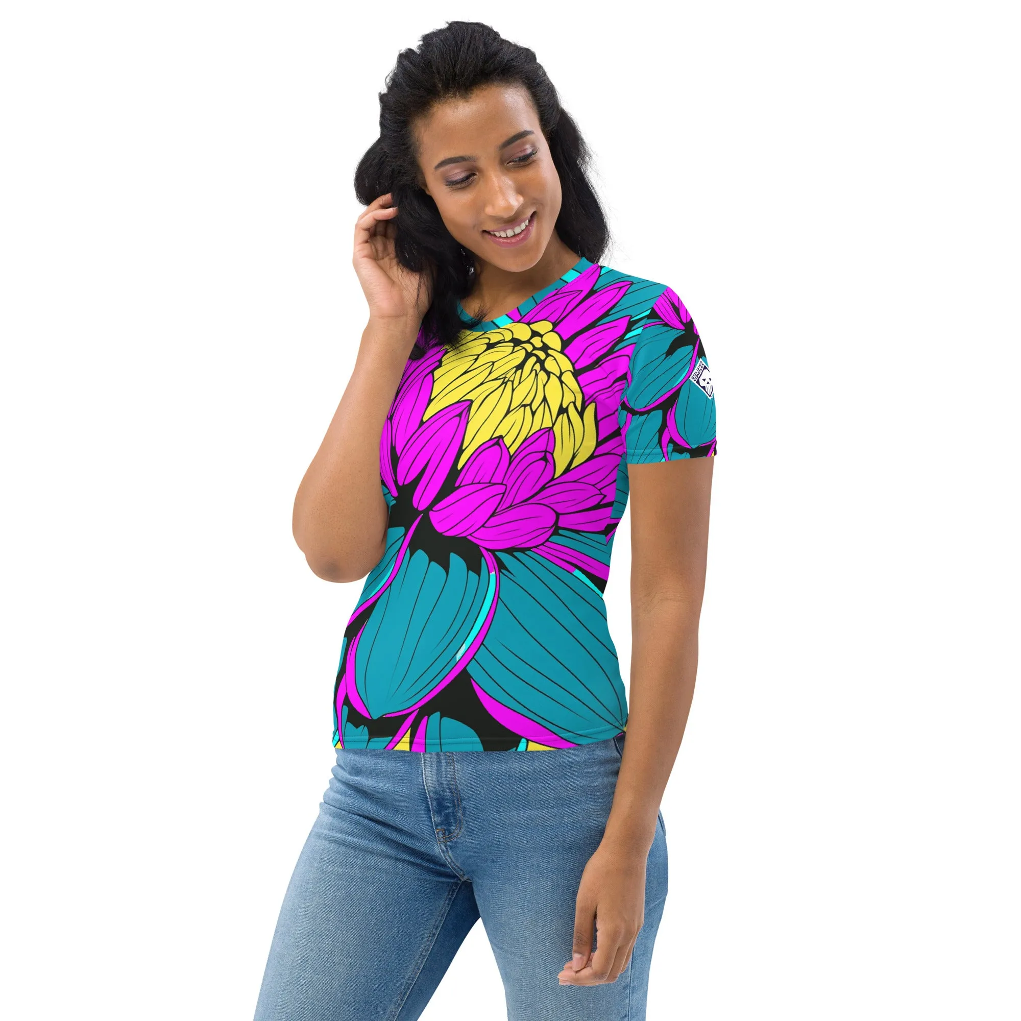 Unleash Your Inner Pop Art Fan with Women's Dahlia Print BJJ Short Sleeve Rash Guard 001